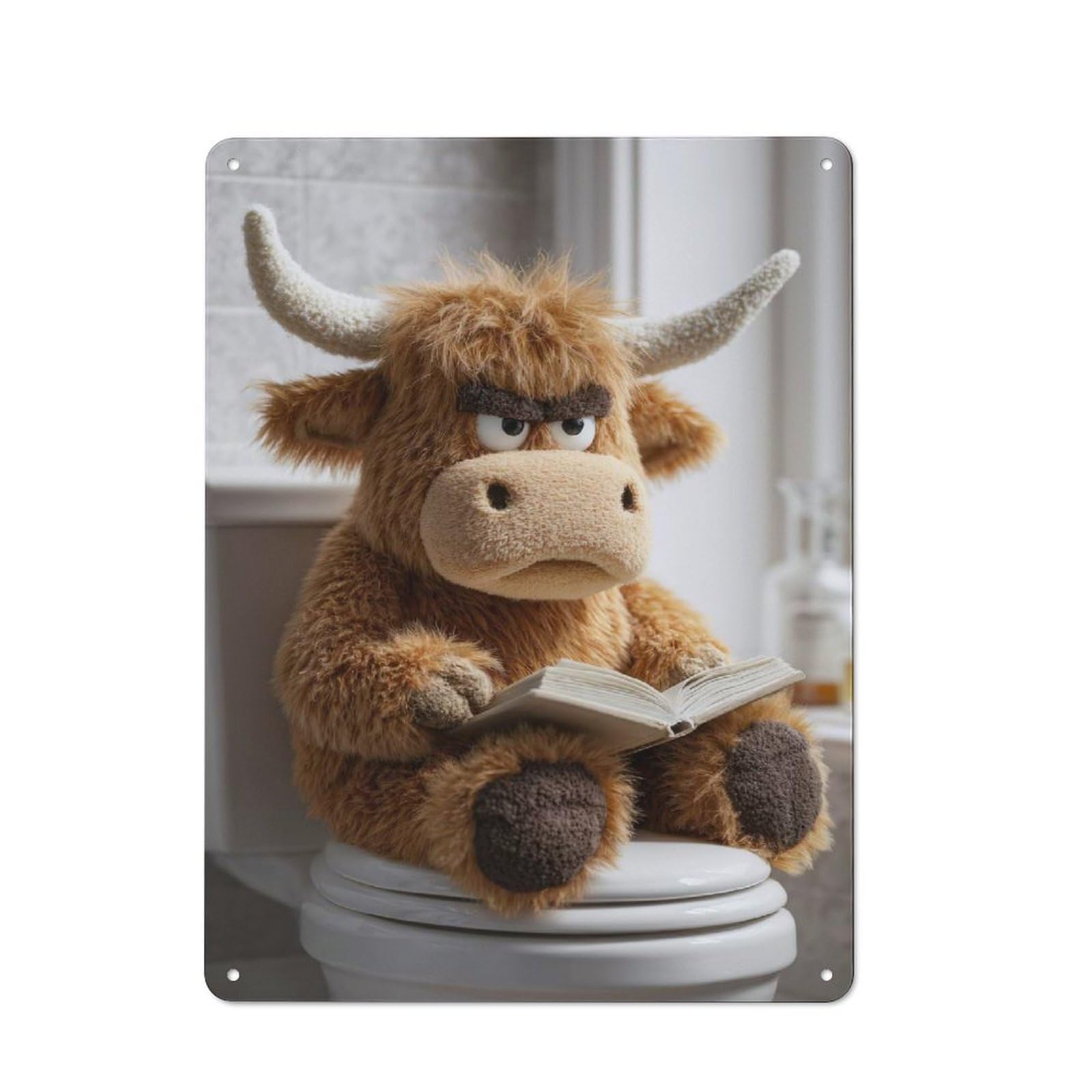 Junmoney Style-6 For Guest Room Or Hallway, Grumpy Highland Cow Reading On Toilet Retro Metal Wall Sign 40X30cm, For Vintage Wall Decor Fans, For Metal Sign Collectors