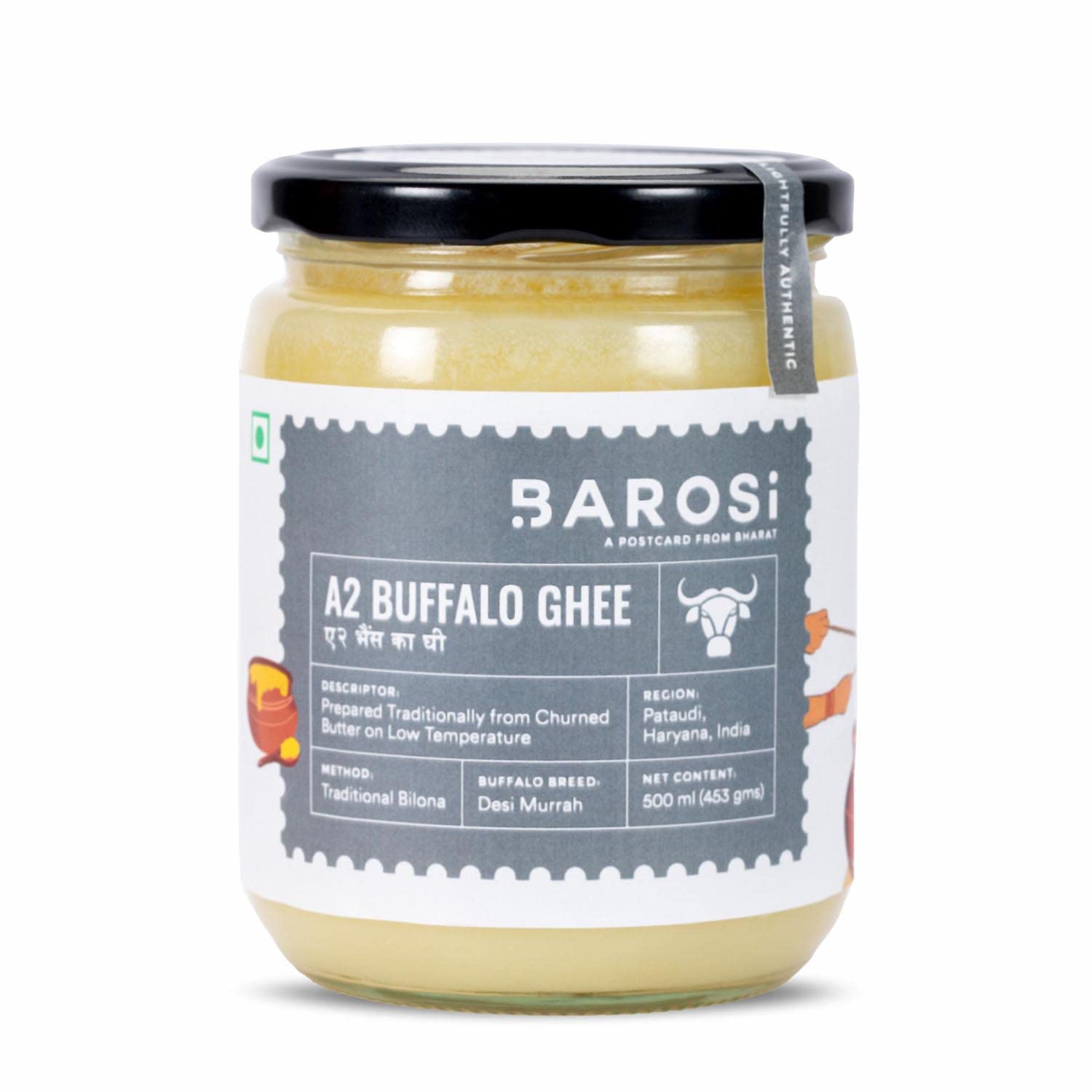BarosiA2 Buffalo Ghee, 500 ml, Produced from Grass fed Buffalo Milk, Bilona Padati, Sustainable Glass Packaging