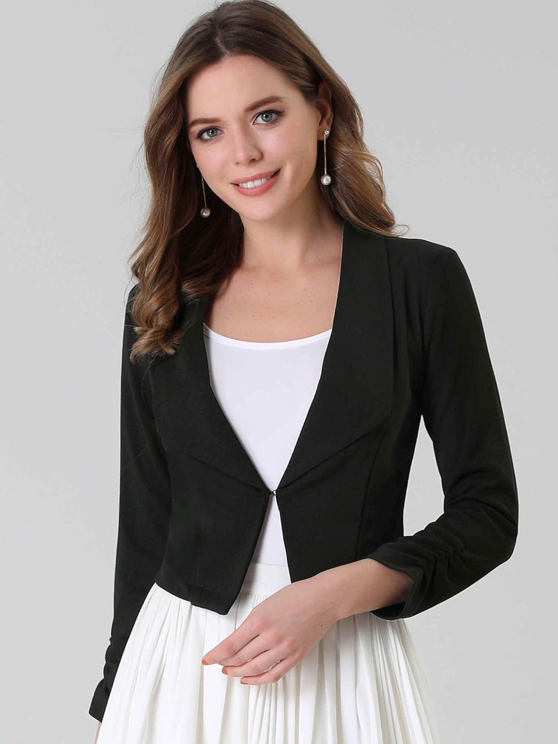 Allegra K Women's Notched Lapel Ruched Sleeve Jackets Business Cropped Blazer - Image 2