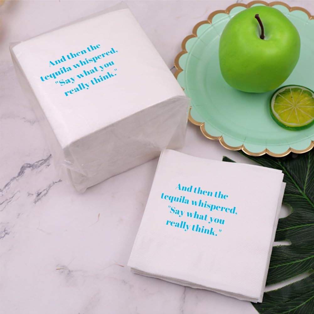 Divertidas servilletas de cóctel, 100 unidades, con citas divertidas que dicen servilletas de papel desechables para fiesta, 4.5 x 4.5 pulgadas, dos capas (And Then The Tequila Whispered, Say