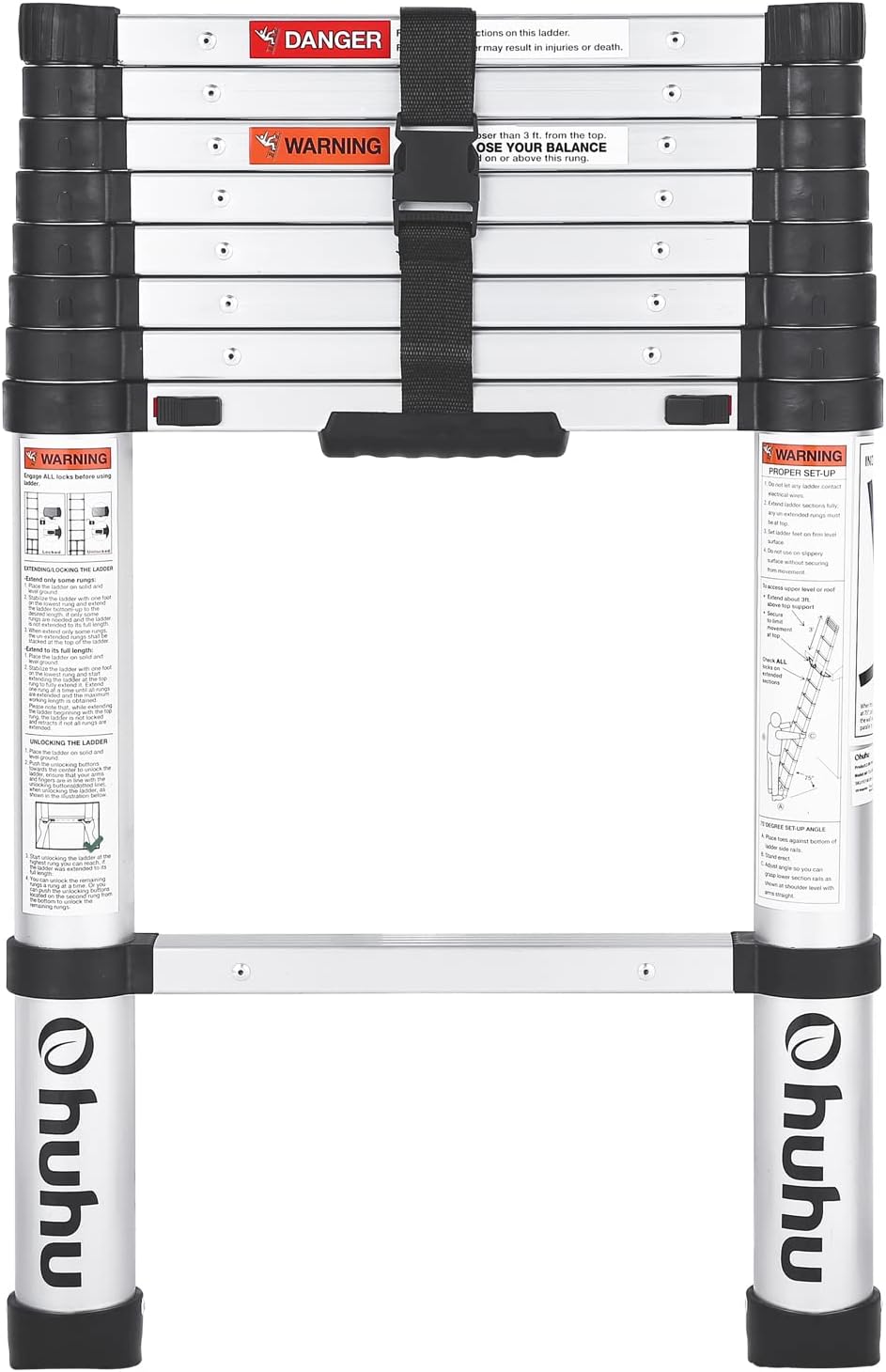 Ohuhu 8.5 FT Aluminum Telescoping Ladder, One-Button Retraction Heavy Duty Extension Ladder for Home, ANSI Certified Collapsible Ladders with Safe Slow Restoring for RV Roof Loft Silver