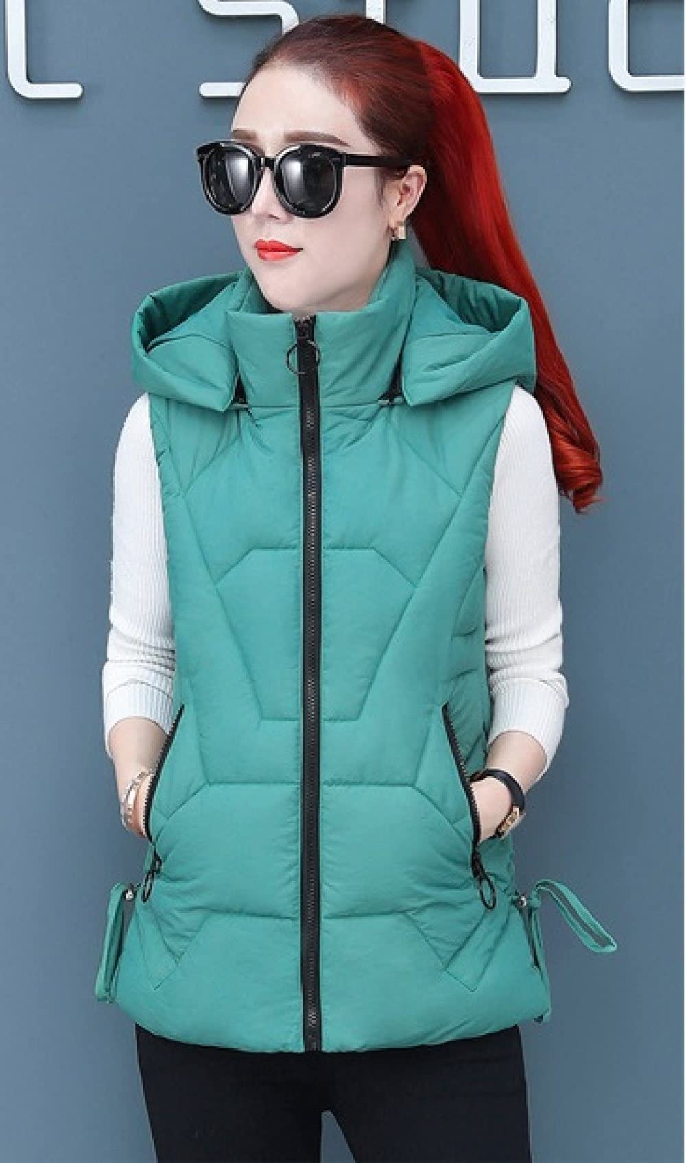 &ET Damen Weste,Kapuzenweste Grün Stehkragen Abnehmbare Kapuzen Warme Ärmellose Jacke Mit Reißverschluss Gepolsterte Taschen Herbst Winter Baumwollweste Für Mädchen Damen
