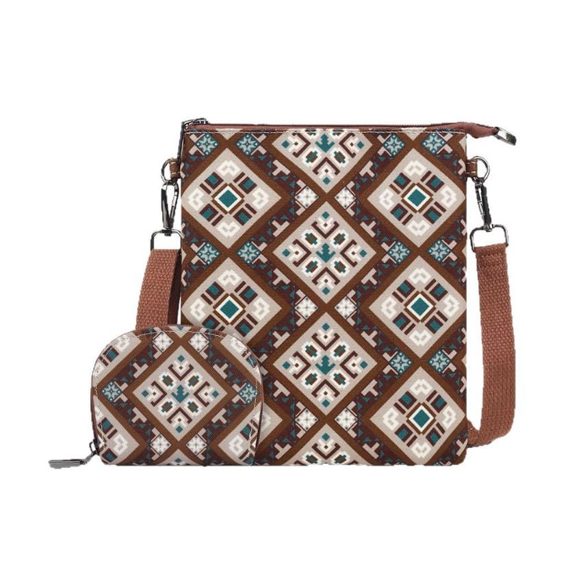 Conjunto de bolsa transversal feminina estilo étnico de 2 peças – Bolsa de ombro vintage leve com grande capacidade, Café, Bolsas transversais