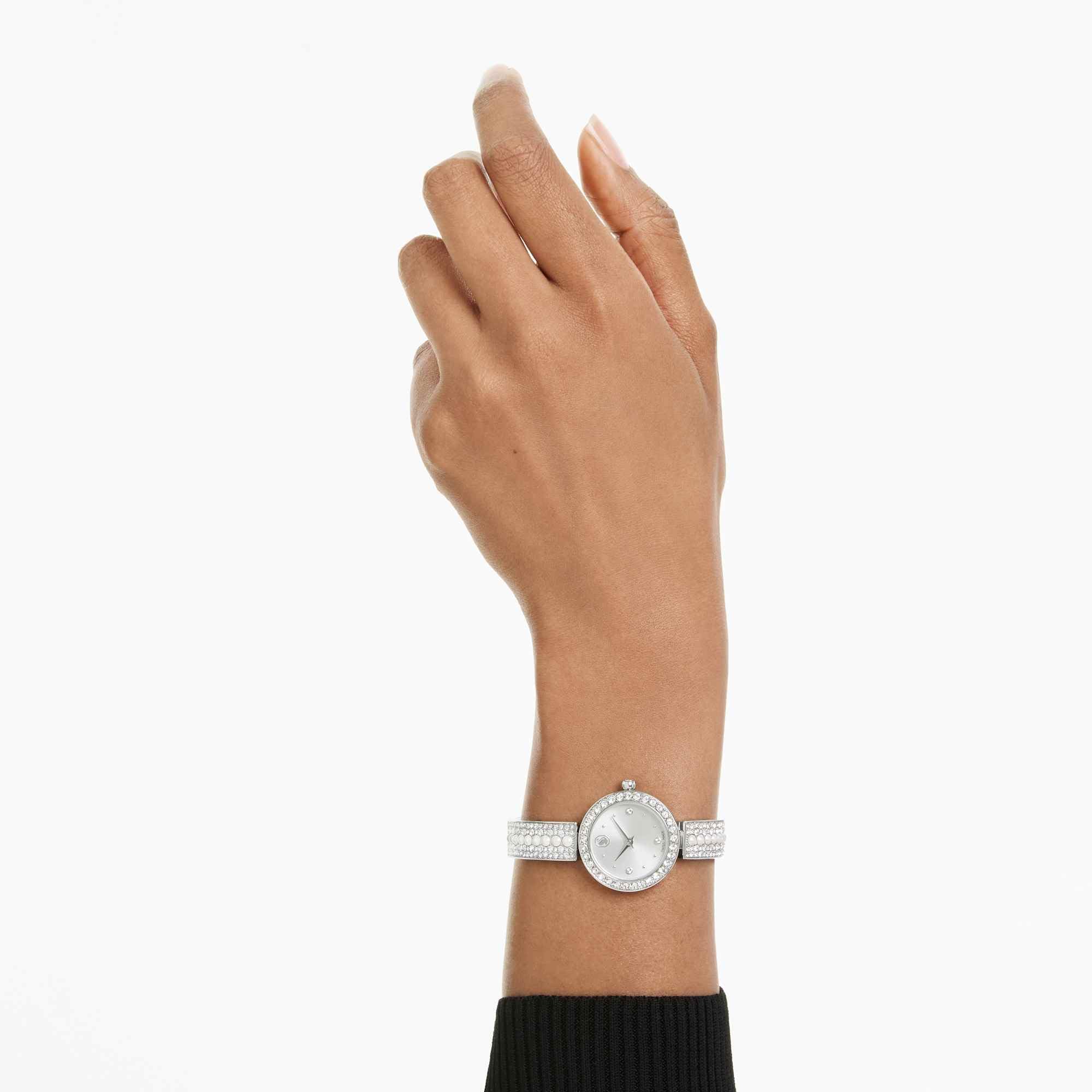 Swarovski Reloj Matrix Pearl Bangle, Fabricado en Suiza, Pulsera de Cristal, Blanco, Acero Inoxidable