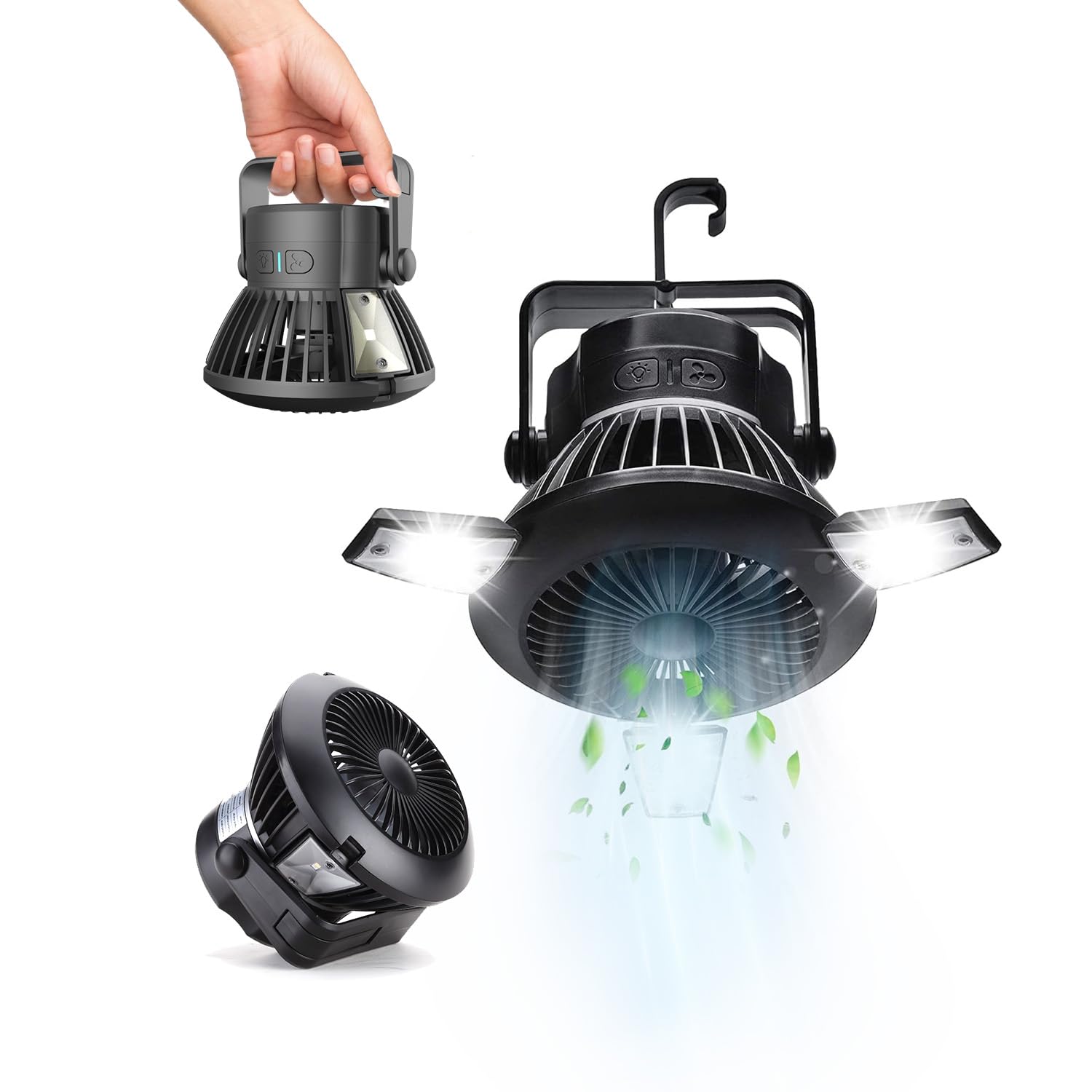 Wintem Ventilatore da Esterno con Comode Luci LED Integrate e Ricarica Solare o USB 4W - 5V con 4 Velocità per Adattarsi ad Ogni Esigenza - Lunga Durata Fino a 25 Ore di Autonomia - 23cm