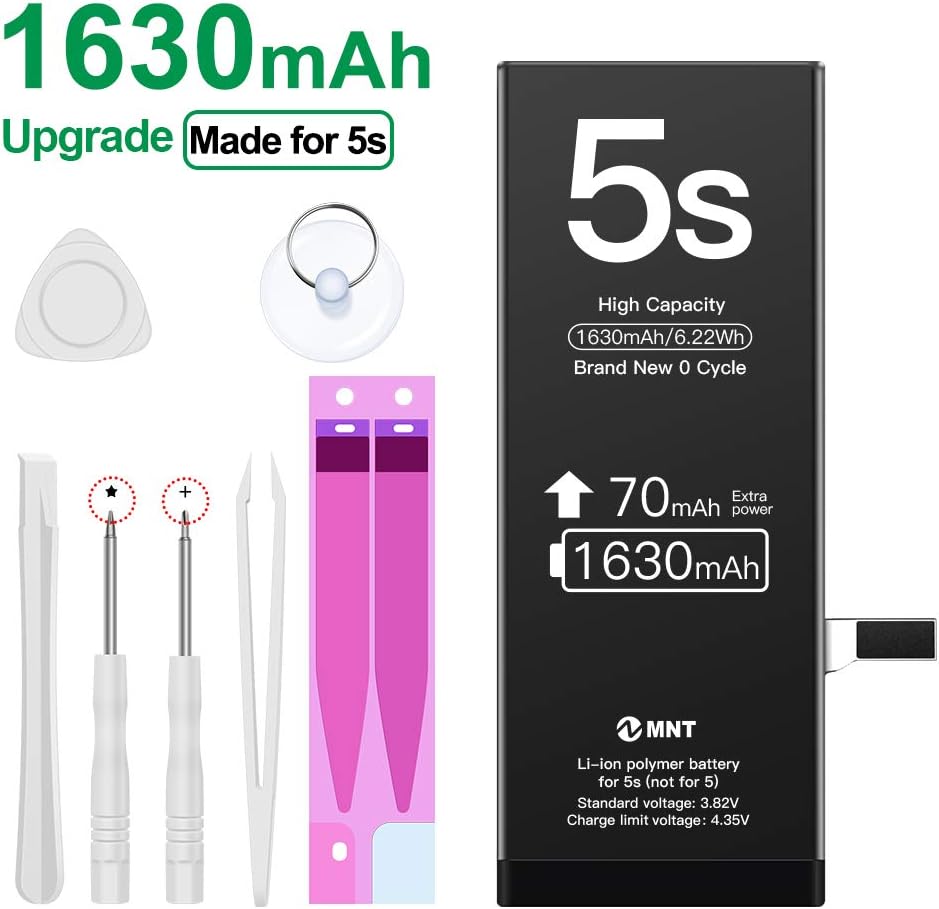 ZMNT Battery fit iphone 5S 1630 mAh, Replacement with Higher Capacity than others 5s battery with Complete Professional Repair Tools Set and Instruction (NOT SE/5) 1 Year Warranty