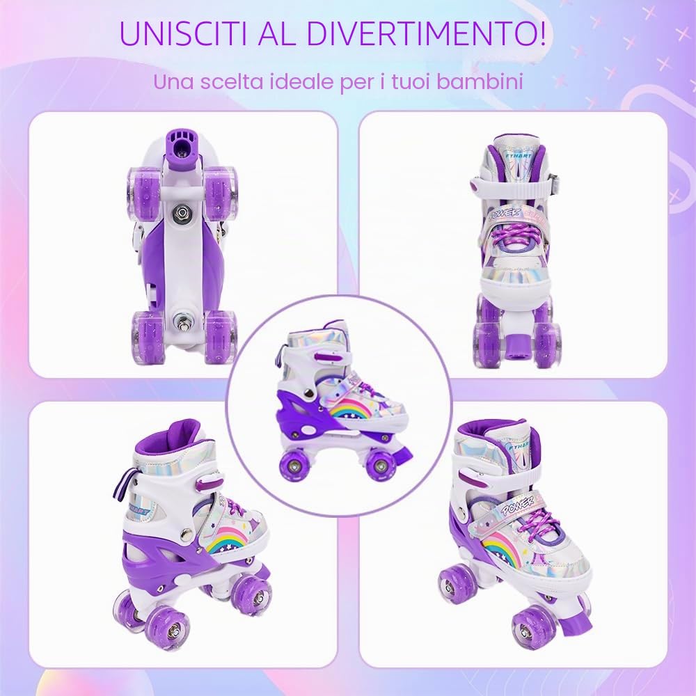 Pattini a rotelle per bambini ragazze ragazzi principianti, 4 misure regolabili per bambina e bambino con ruote luminose, pattini a rotelle Viola Arcobaleno per lo sport