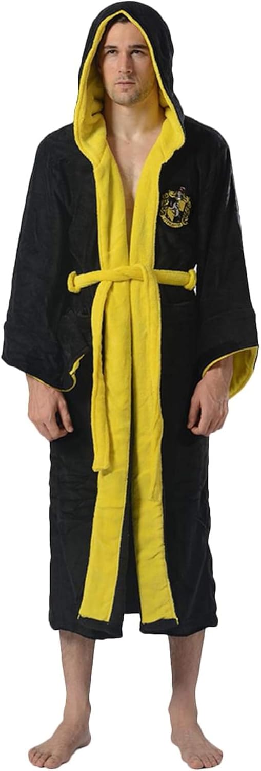 HARRY POTTER Hufflepuff Hooded Bathrobe for Men/Women | Soft Plush Spa Robe for Adults | Lightweight Fleece Shower Robe With Belted Tie | One Size Fits Most Adults