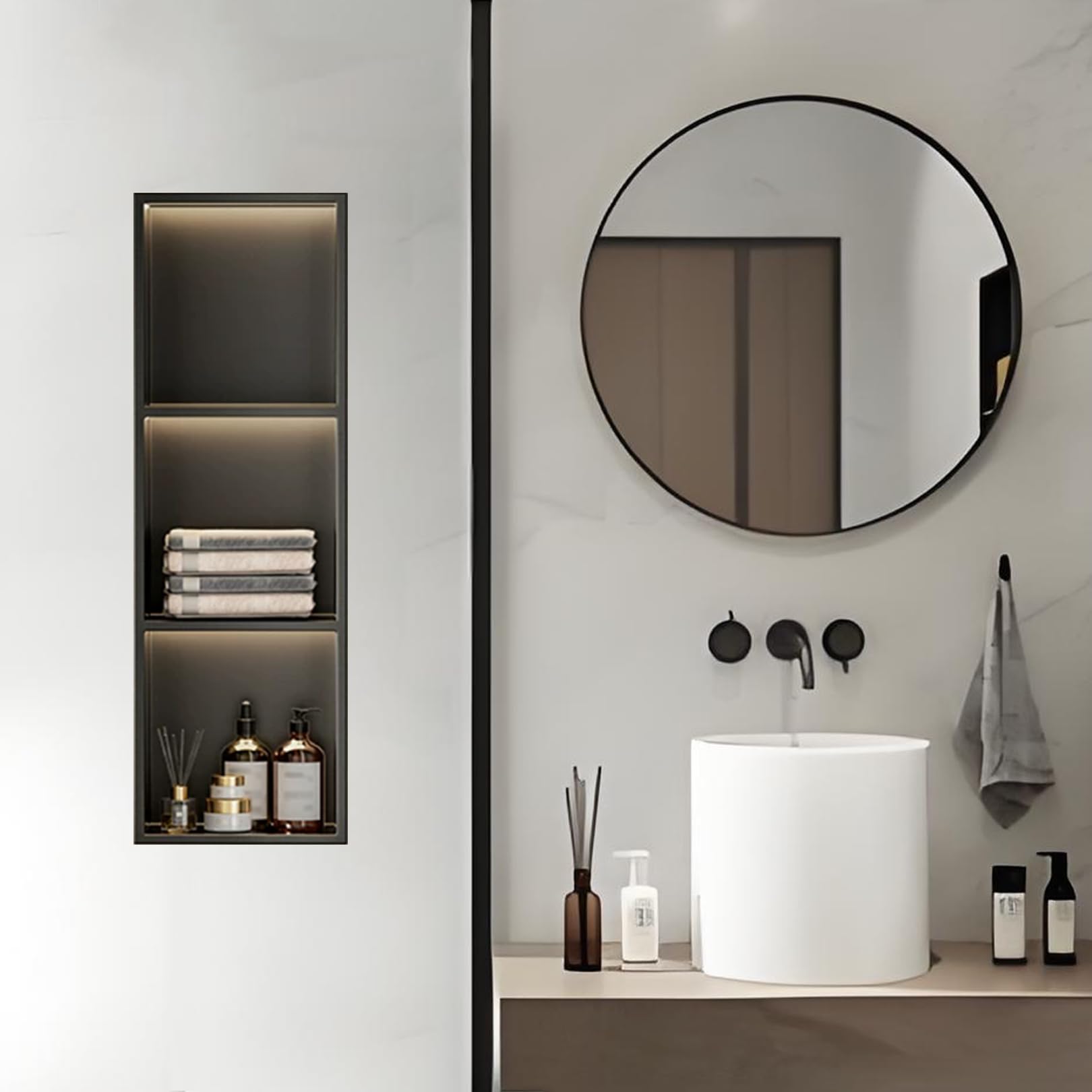 Étagère de douche moderne encastrée en inox 304 noir fonctionnel avec LED
