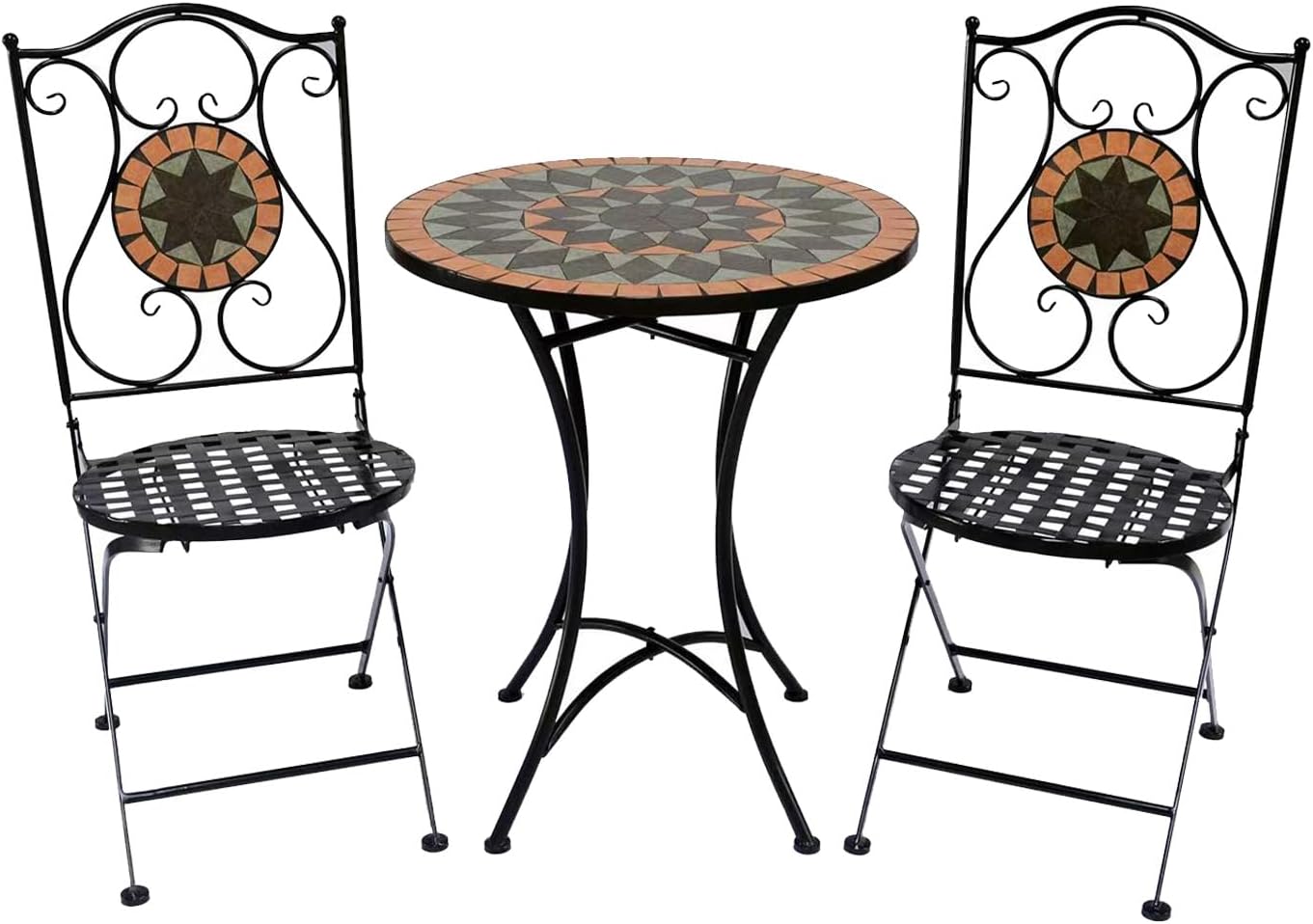 Mosaic Bistro Table Set with 2 Folding Chairs, Black Metal Frame, Outdoor Patio Furniture Customized (Color on The Picture)