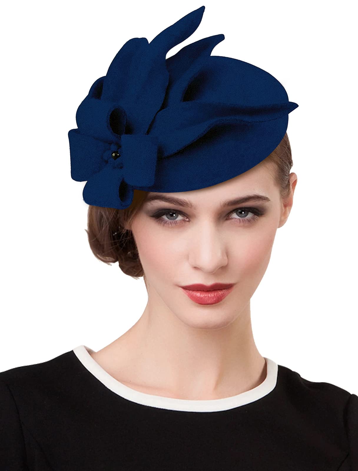 ELLYDOOR Wool Fascinator Pillbox Hat Winter British Wool Felt Hat for Women Wedding Church Hat Flower Fedoras, 2021 Dark Blue, One Size