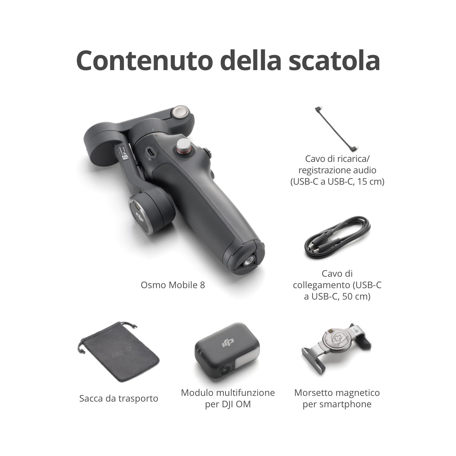 DJI Osmo Mobile 8 Combo Advanced Tracking stabilizzatore per smartphone, AI tracciamento nativo con audio e illuminazione, rotazione panoramica a 360°, manico telescopico e treppiede integrati
