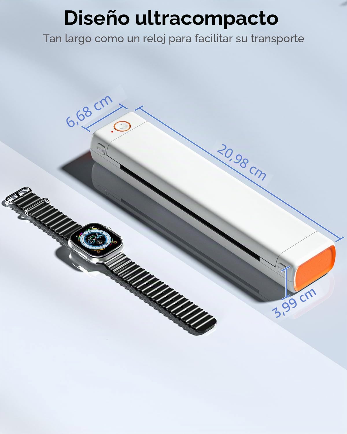 Phomemo M08F Impresora Térmica Portátil, Impresora Térmica Compatible con Smartphone vía Bluetooth, PC vía Cable USB, Impresora de Viaje Soporta Papel Térmico A4, Blanco Naranja