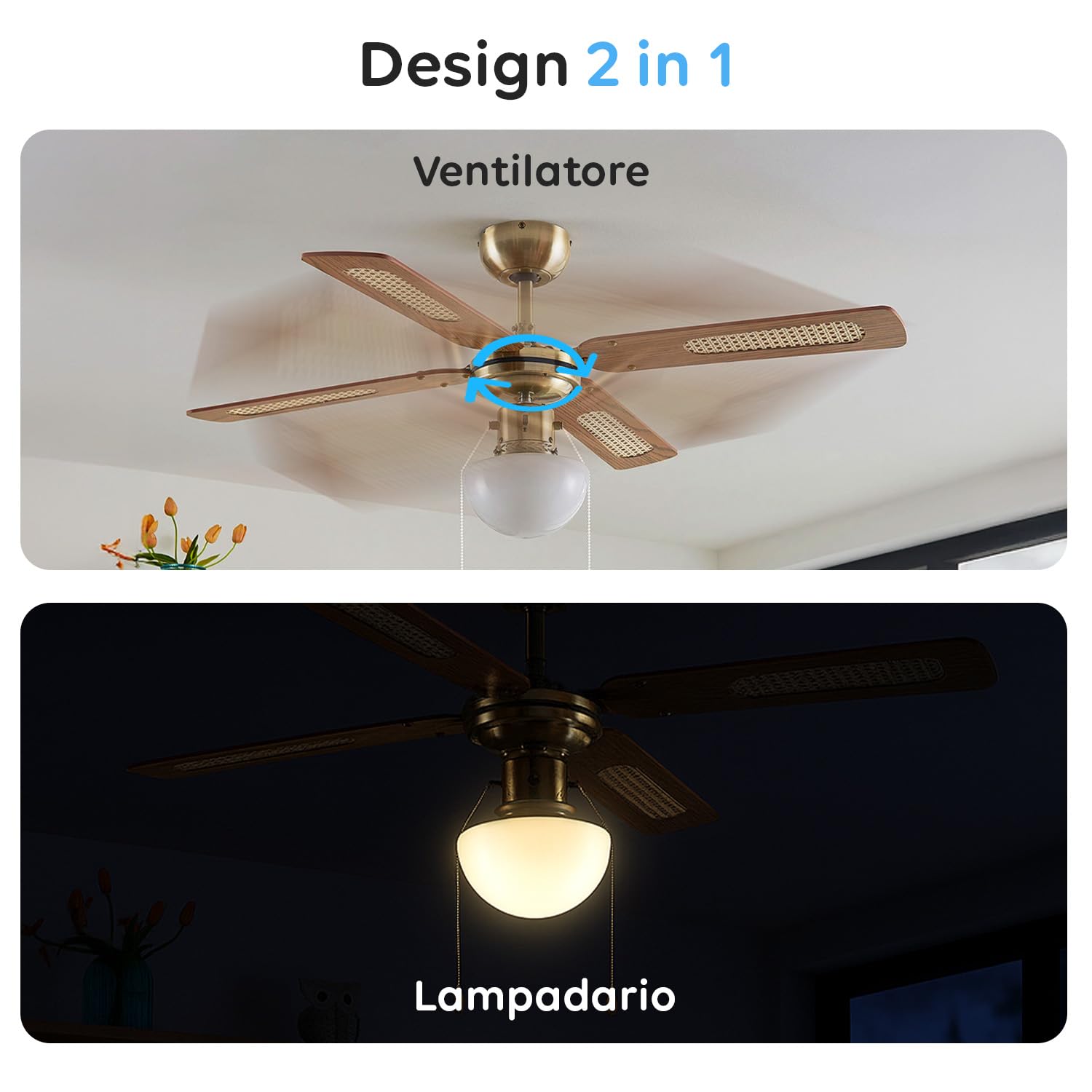 Wintem - Ventilatore da Soffitto 60W con Luce Ø106 cm con Pale in Legno per Ambienti Domestici e Lavorativi, Illuminazione Integrata da Lampada E27, Motore Silenzioso e Rotazione Reversibile