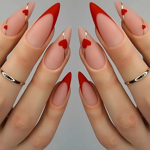 Uñas postizas a presión para el día de San Valentín, uñas postizas medianas con corazones franceses rojos, líneas doradas, uñas acrílicas, kit de Uñas postizas a presión para el día de San Valentín, uñas postizas medianas con corazones franceses rojos, líneas doradas, uñas acrílicas, kit de