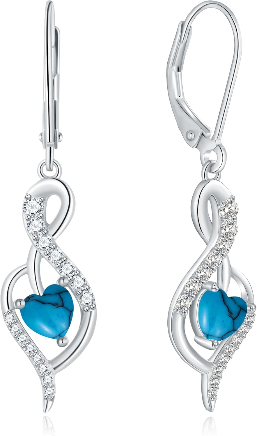 Infinity Heart Dangle Drop Earrings for Women, 925 Sterling Silver Birthstone Leverback Earrings, Birthday Anniversary Valentines Day Jewelry Gifts for Women Mom Her