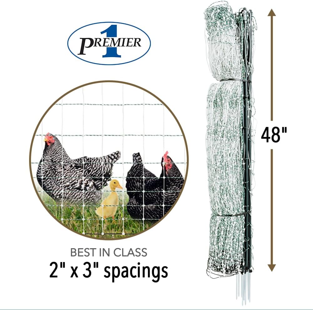 Premier 1 PoultryNet® 48"H x 100'L Portable Electric Single Spike Fence | Rigid PrimaPosts™ for Extra Strength | Green/White Fence for Chickens, Ducks, Geese