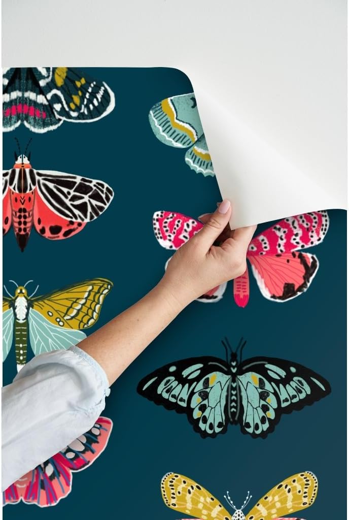 Spoonflower Peel & Stick Wallpaper 3ft x 2ft - Moths Moth Butterflies Butterfly Navy Botanical Nature Insect Bugs Custom Removable Wallpaper