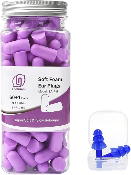 LYSIAN Ultra Soft Foam Earplugs Sleep - 38dB SNR Noise Cancelling Ear Plugs for Sleeping, Shooting, Snoring, Work Loud Sound Reduction- 60 Pairs Valued Pack,Purple