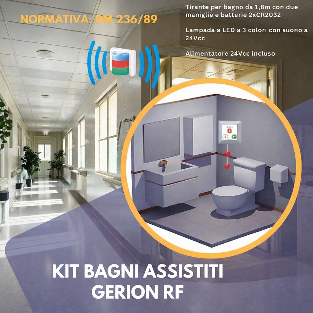 Kit Sistema di avvisi di allarme emergenza per bagno assistiti accessibili disabili, cliniche, repositori, ostacoli, ristoranti. Decreto Ministeriale