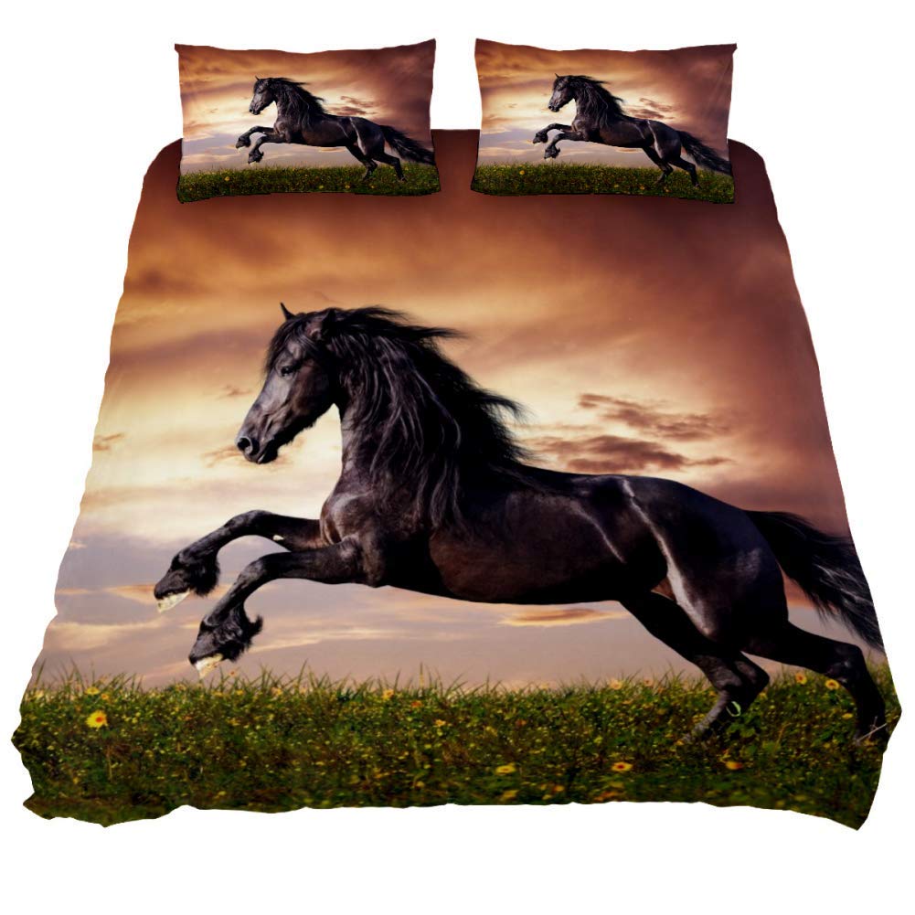 Eslifey Multicolour Black Friesian Horse Gallop Duvet Cover Set 3 Piece Bedding Set Comforter Cover Zippers Pillowcases For Bedroom, Single Size 55" X 79"