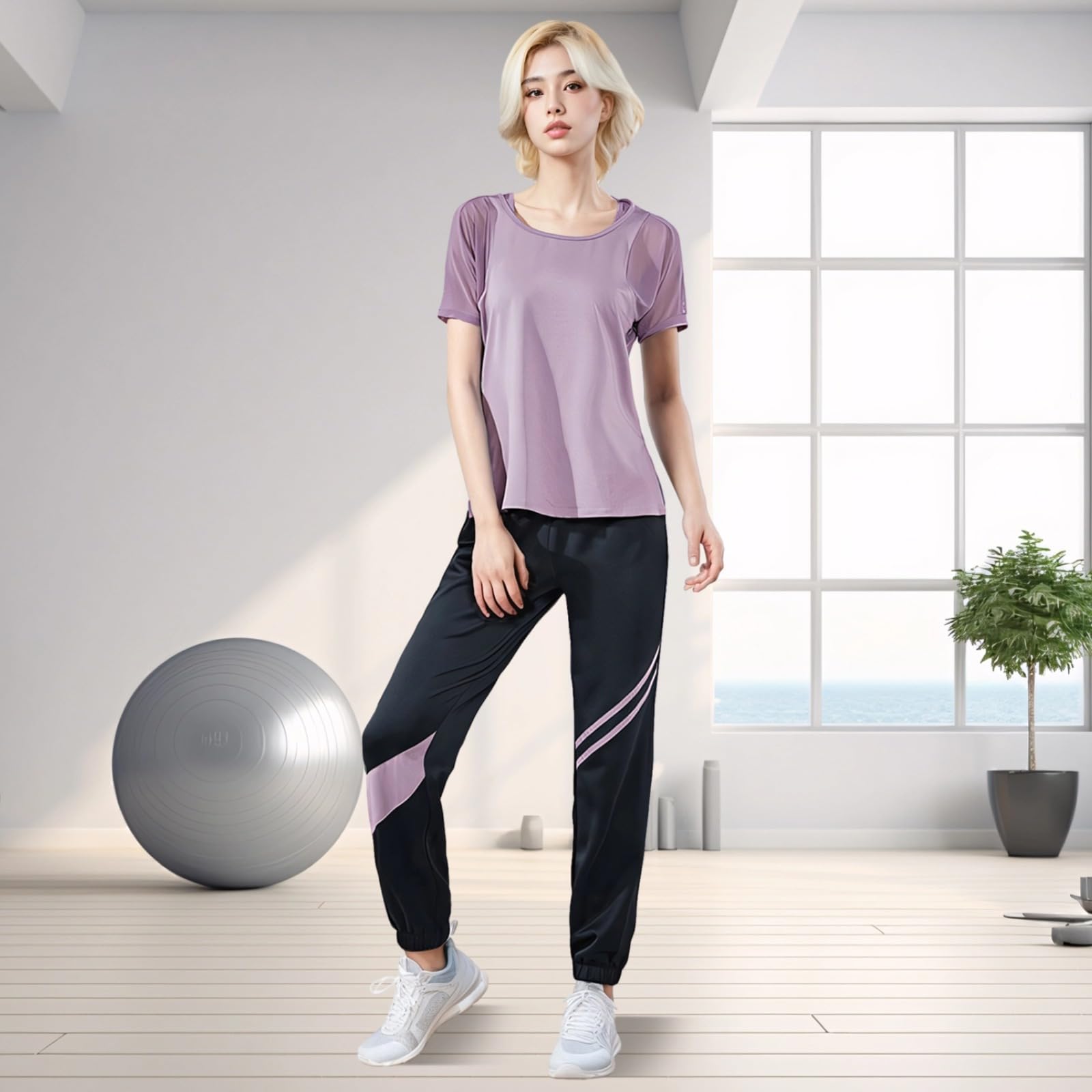 Tenue de pilates pour femme, ensemble 2 pièces XXL en noir et, pantalon extensible évacuant l'humidité et t-shirt à manches courtes avec taille élastique, Multiples, taille unique