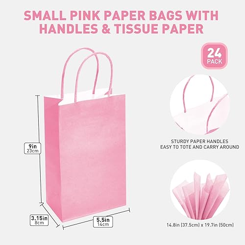 Miniatura 3 de DjinnGlory Paquete de 24 pequeñas bolsas de regalo de papel rosa con asas y 24 papel de regalo de seda rosa para cumpleaños, boda, baby shower,