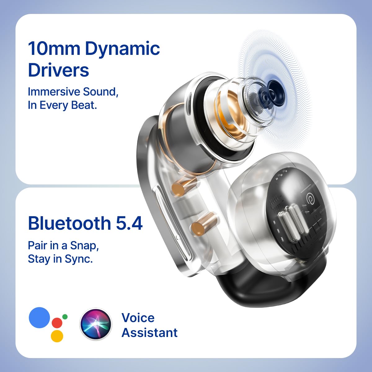 pTron Bassbuds Vortex Clips Wireless Open Ear Earbuds w/Chrome Finish, SafeBeats Tech, 50Hrs Playtime, Dual HD Mic w/AI-ENC, 10mm Driver, Pristine Sound, BTv5.4 Earclips, Type C Charging (Obsidian) — Amazon image 5