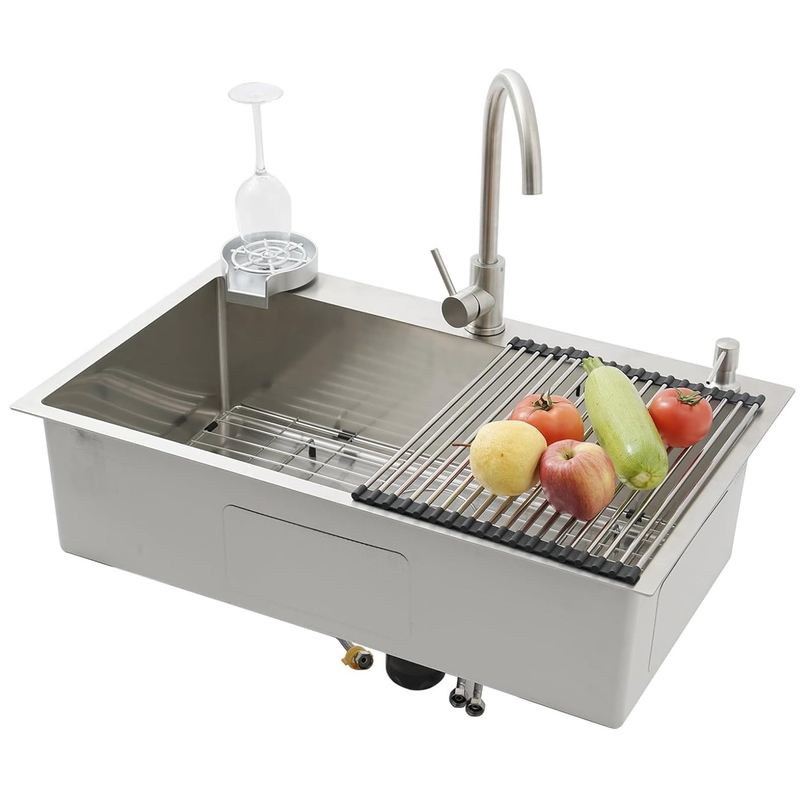 WIQUYBML Stainless Steel Sink,Large Format Single Sink with Draining Basket,for Kitchen & Bar, Top Cabinet/Undermount Mounting, Robust Sink, Dishwasher Sink(SilverB,85x50cm)