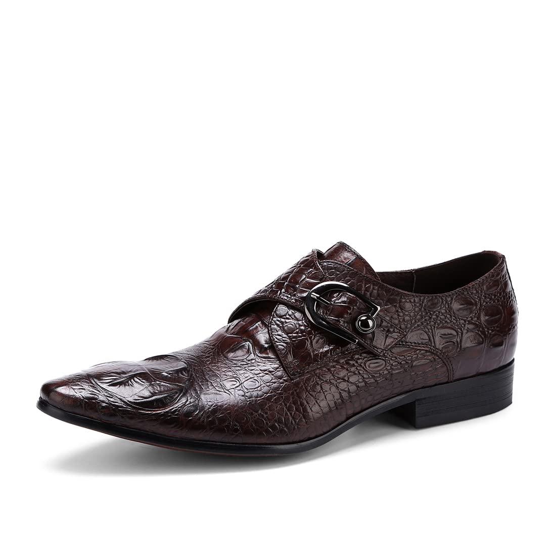 Mocasines Formales Negocios para Hombres Zapatos Monk Relieve en Punta en Cuero Genuino Zapatos de Vestir Slip On con Hebilla