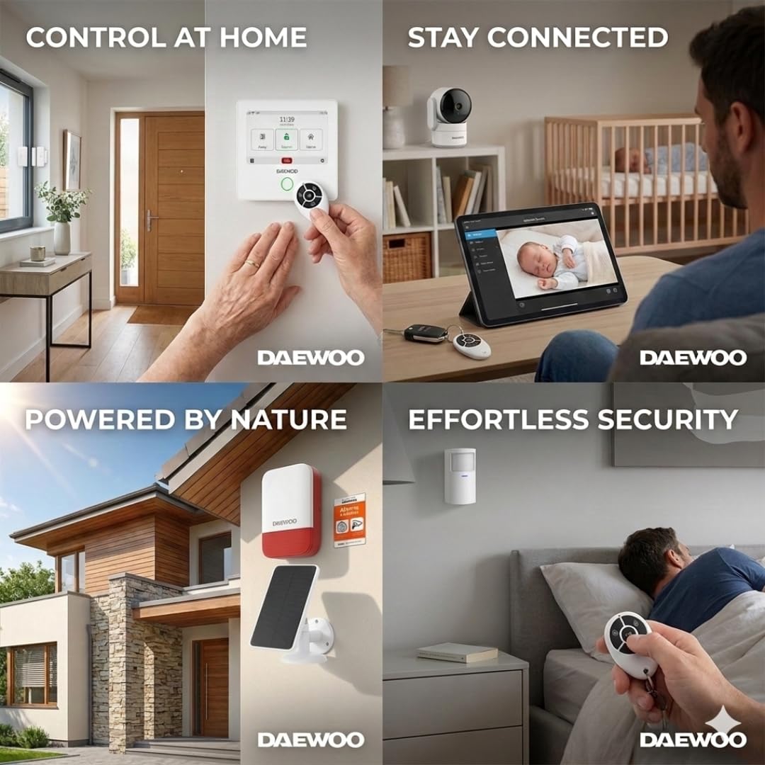 Daewoo Security Smart Protect Max - pakiet alarmowy inteligentnego domu z kamerą HD, solarną syreną zewnętrzną i 8 stycznikami drzwiowymi - kompatybilny z Alexa i Google Home