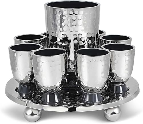 Miniatura 4 de Elegant Display Kidush Cup Juego de fuente de vino  Metal martillado con detalles de esmalte  Copa grande, 8 tazas de chupito a juego para Shabat,