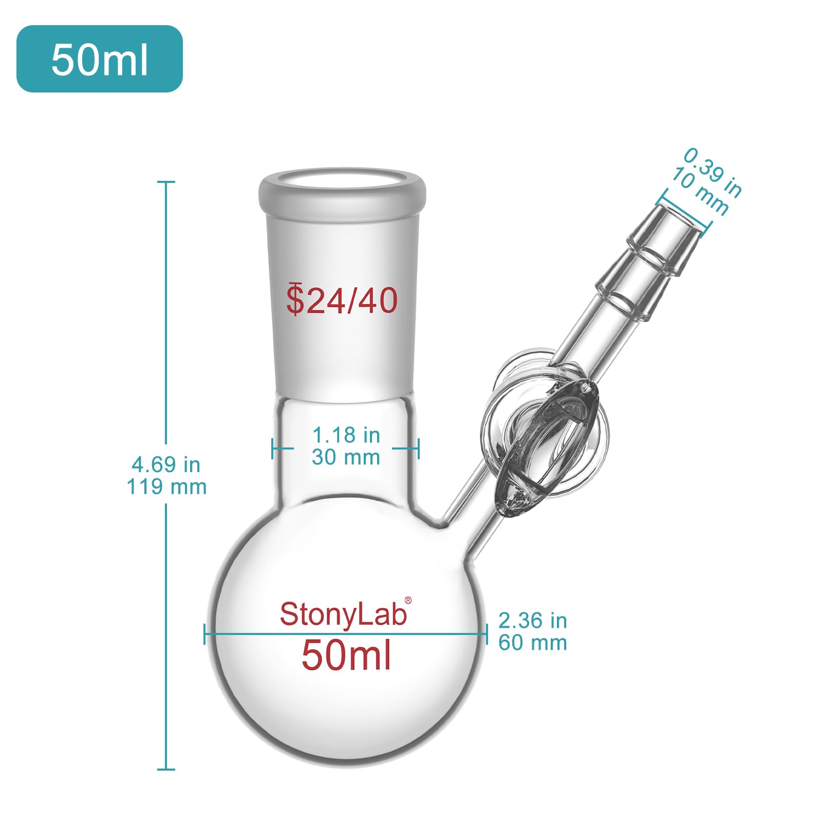 stonylab Pallone di Reazione con Rubinetto in Vetro, Giunto 24/40, Pallone a Fondo Tondo Monocollo in Vetro Borosilicato, per Esperimenti e Applicazioni in Laboratorio, 50 ml