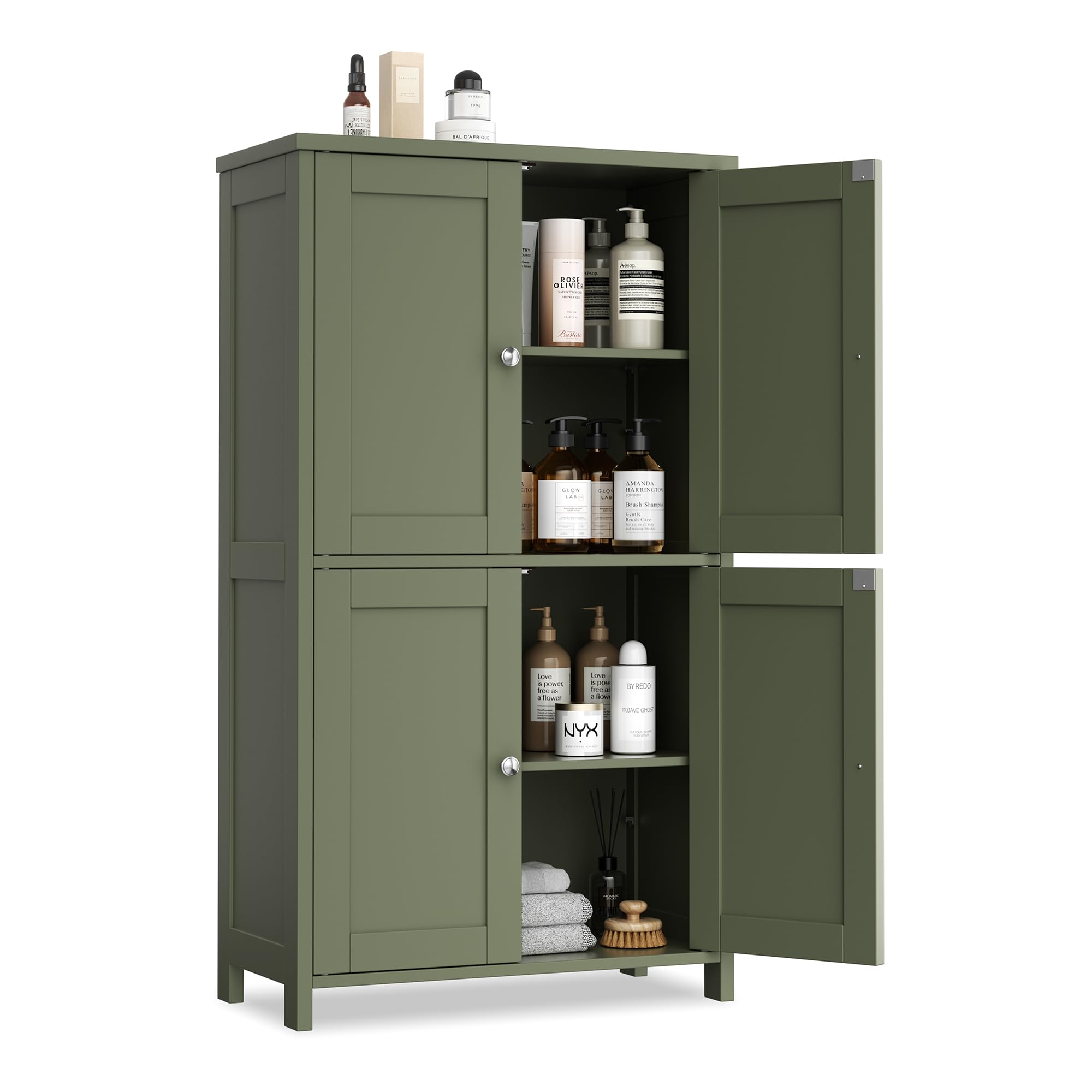 Vongrasig Modern Bathroom Storage Cabinet for Small Spaces: Slim Floor Cabinet with 4 Doors & Adjustable Shelves, Freestanding Organizer for Bathroom,