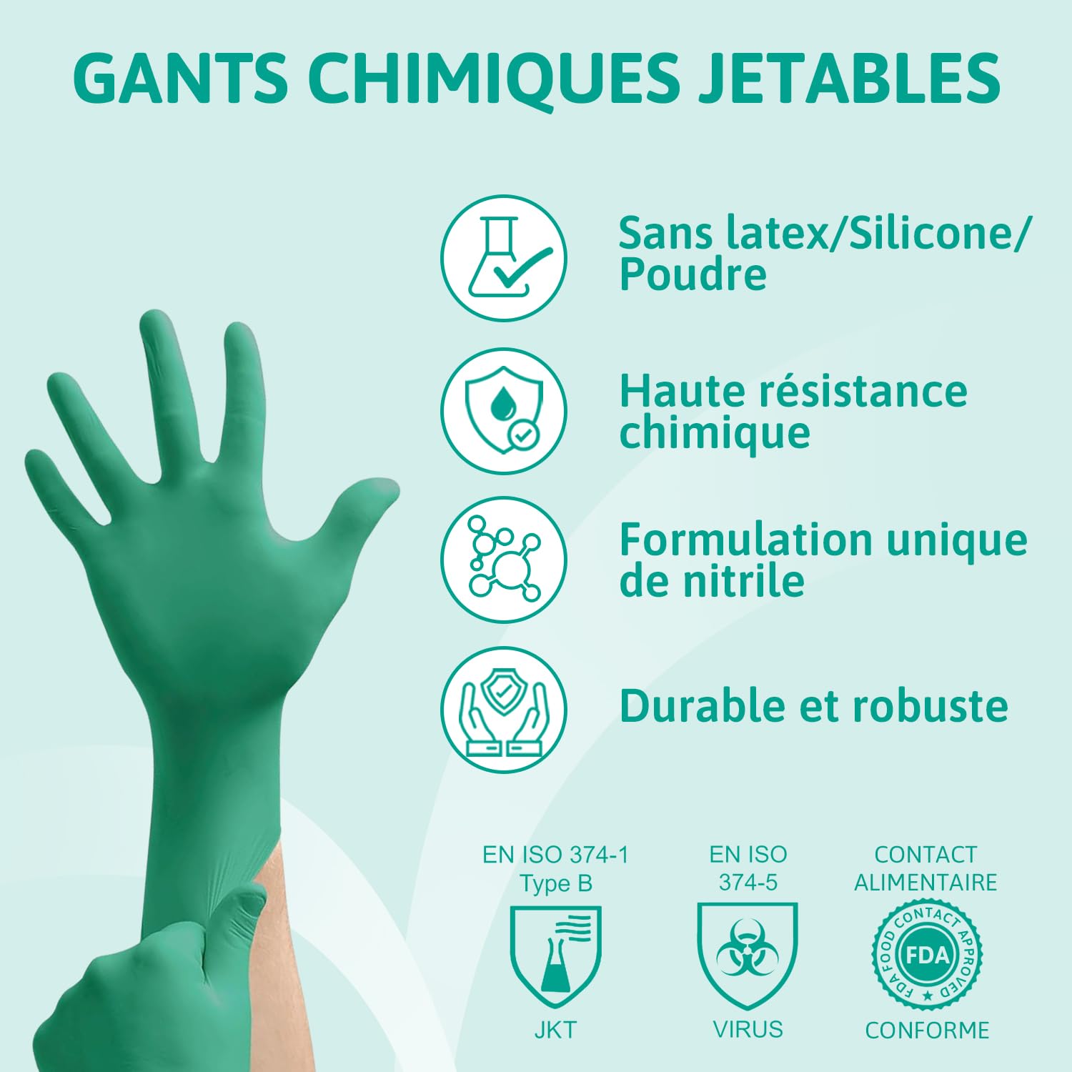 Ansell TouchNTuff 92-600, Gants jetables pour travaux lourds, Gants nitrile contact alimentaire, Gants de protection chimique et mécanique, Sans latex, Boîte de 100 gants en nitrile verts, Taille L