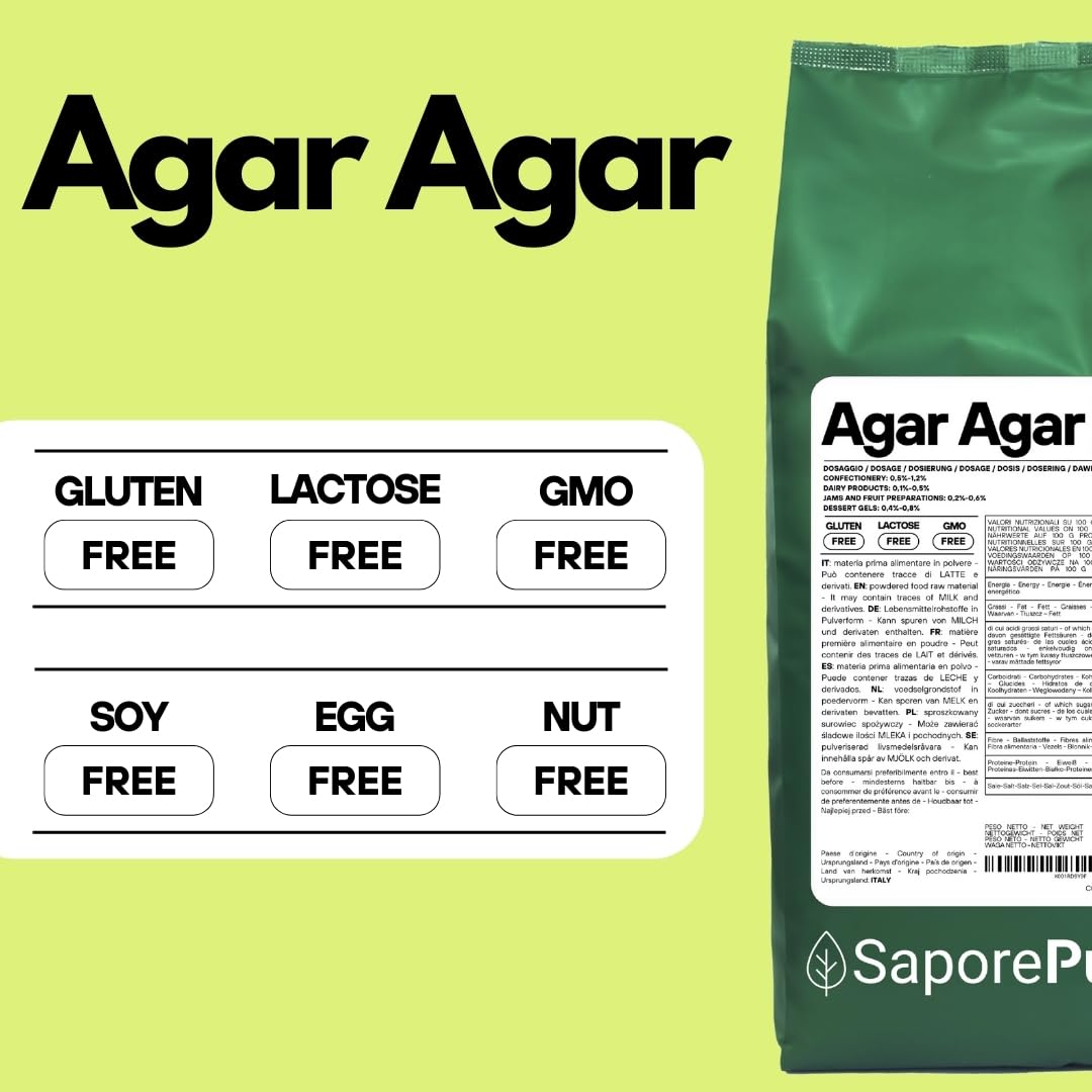 SaporePuro AGAR AGAR en polvo 1 kg – Gelificante natural SIN GLUTEN – Ideal para cocina molecular, espesante para postres, mermeladas, flanes y helados