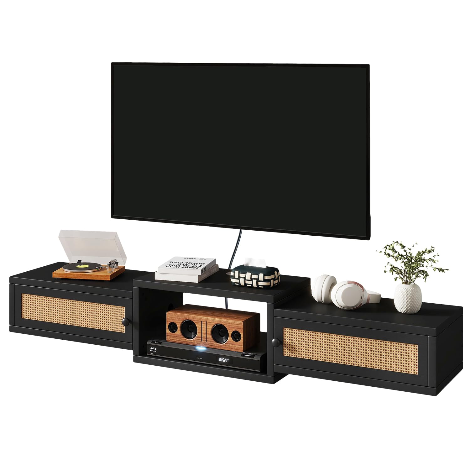 IBUYKE Modern Rattan Floating TV Stand with Doors,Wall Mounted TV Shelf for TVs up to 55 Inches,Media Console Entertainment Center for Under TV Storage Cabinet for Living Room Bedroom,Black WST015B