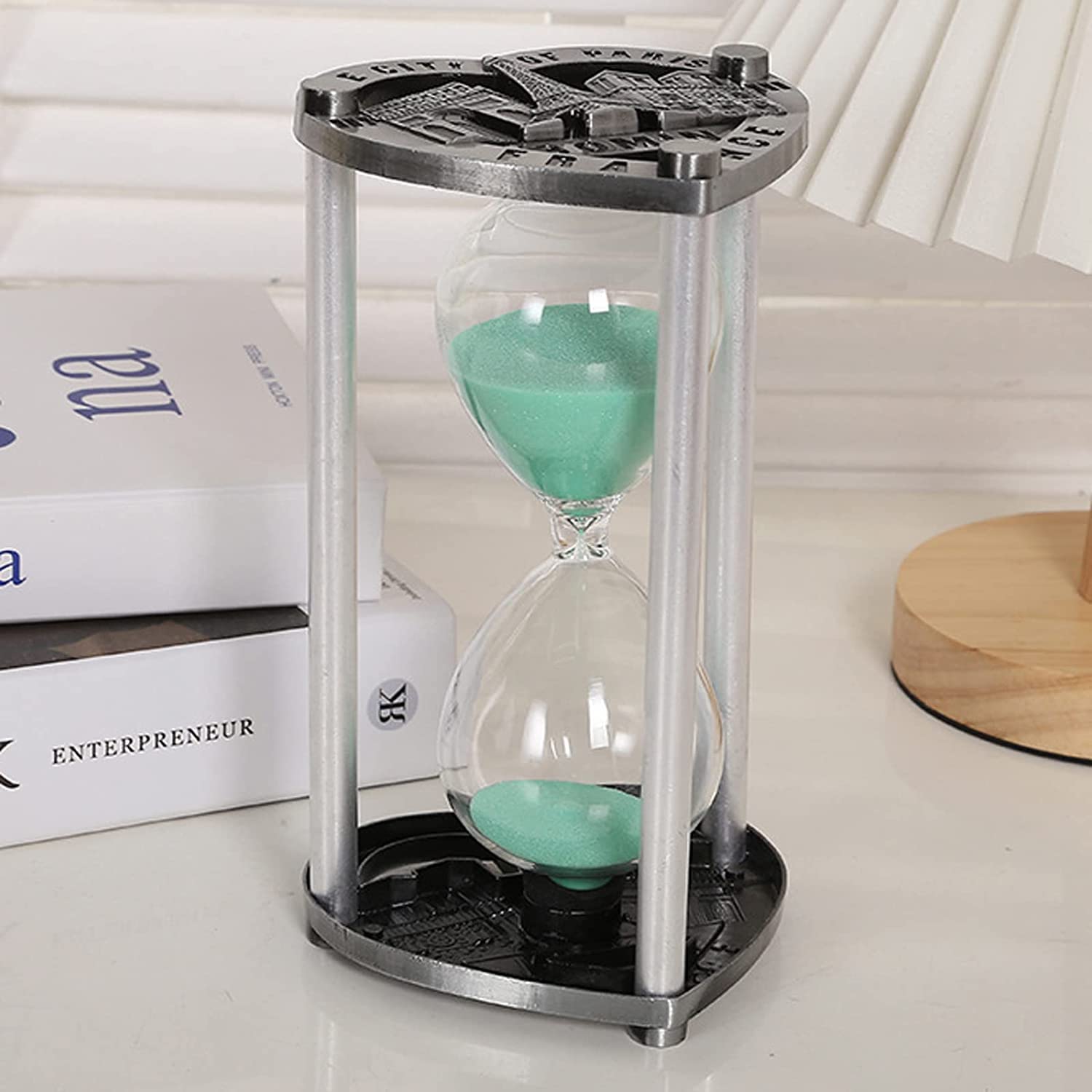Reloj de arena para niños, temporizador decorativo de arena de 5/10 minutos, ideal para cepillarse los dientes, bañarse, cocinar, limpiar, 14,6 x 8 cm, diseño de marco de metal