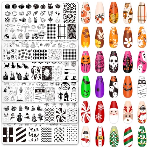 Whaline 6Pcs Fall Halloween Christmas Nail Plates Stamping Set Pumpkin Ghost Snowman Stamp Templates Nail Art Plates for DIY Print Manicure Salon Design