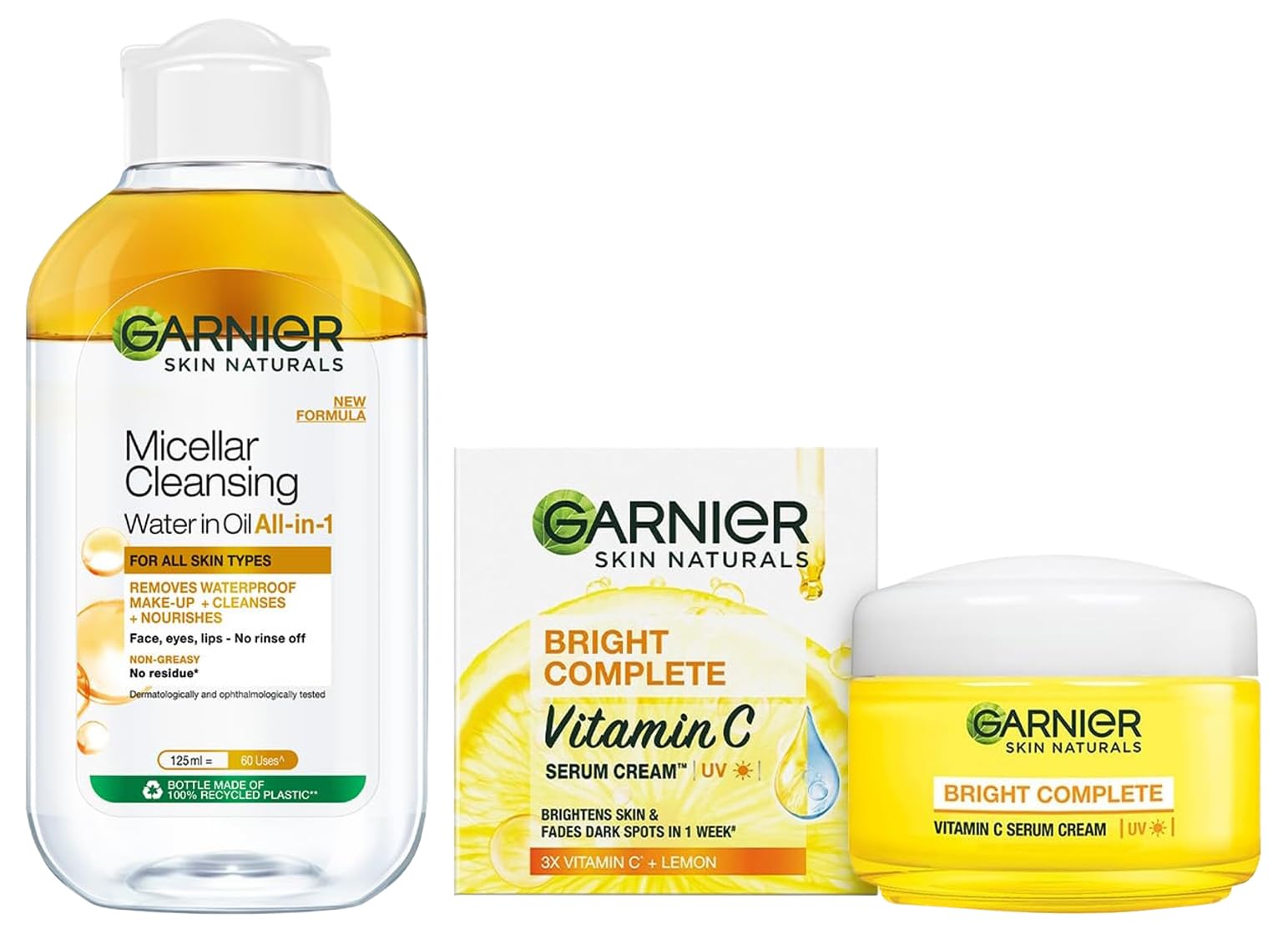 Garnier Skin Naturals, Cleansing Water for Waterproof Makeup, Micellar Oil-Infused Cleansing Water, 125ml & Garnier Skin Naturals, Day Cream, Brightening and with Sun Protection, Bright Complete, 45g