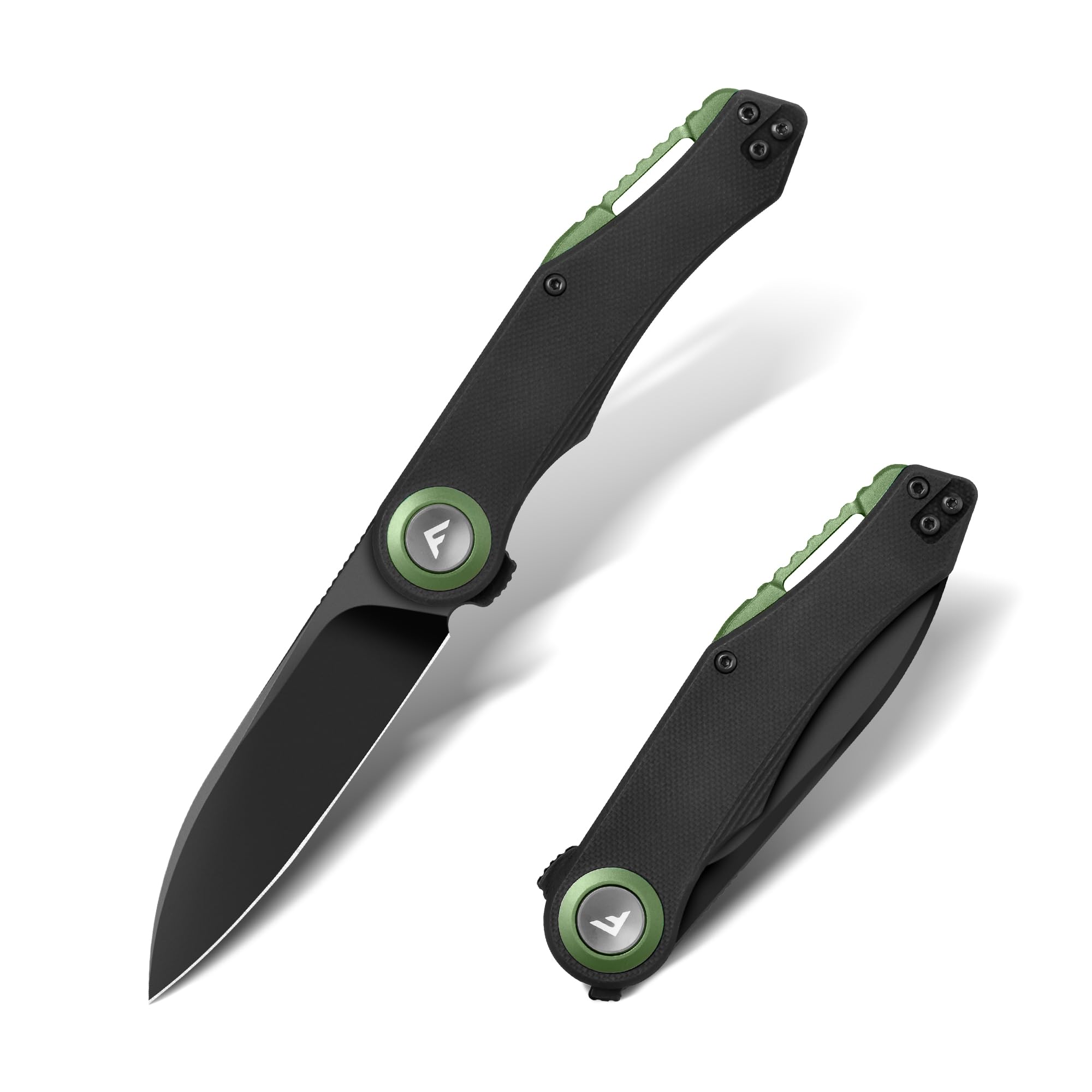 FLISSA Couteau Pliant EDC en Acier D2 avec Manche G10 Noir et Accents Vert Olive, Couteau Compact à Lame Noire 8 cm pour Camping, Randonnée et Usage Quotidien