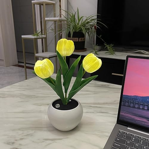 Miniatura 5 de Lámpara de tulipán LED con flores artificiales, lámpara de mesa, luz nocturna, carga USB y atenuación para el hogar, sala de estar, dormitorio,