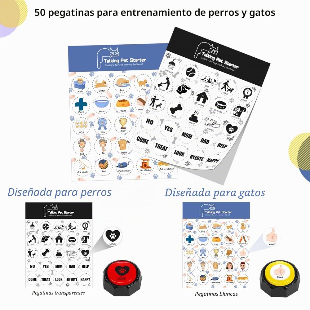 8 Botones para Perros, Botones para Mascotas, Botones para comunicación, Botones grabables, Incluye 4 Almohadillas, 50 Pegatinas, Juego de Entrenamiento para Perros