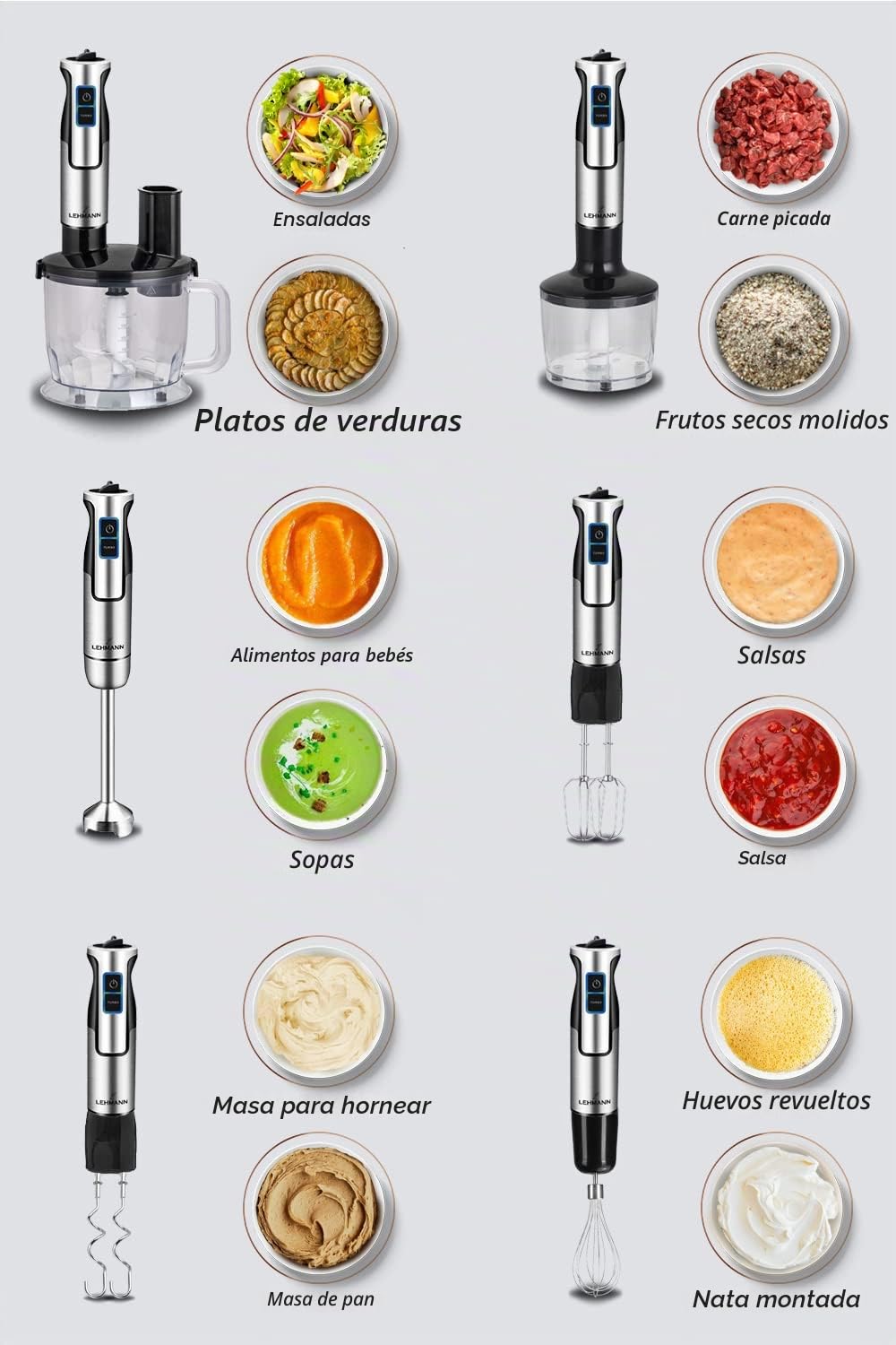 LEHMANN Chopsui Batidora de Mano 1200W, Multifuncional Batidora Mano Acero Inoxidable, 8 Ajustes de Potencia Más Turbo, Set Accesorios, Ideal para Papillas, Sopas, Batidos, Purés, Salsas