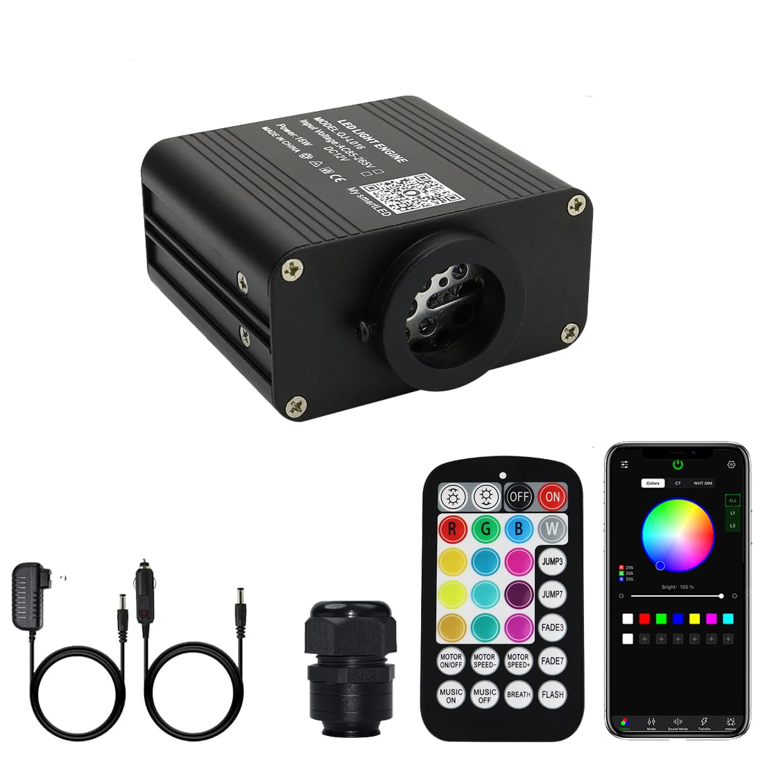 AMKI 16W Twinkle+Sound Mode RGBW Light Source Engine Driver Remote/APP Control Starlight Box Motor for Fiber Optic Star Ceiling Light Kit