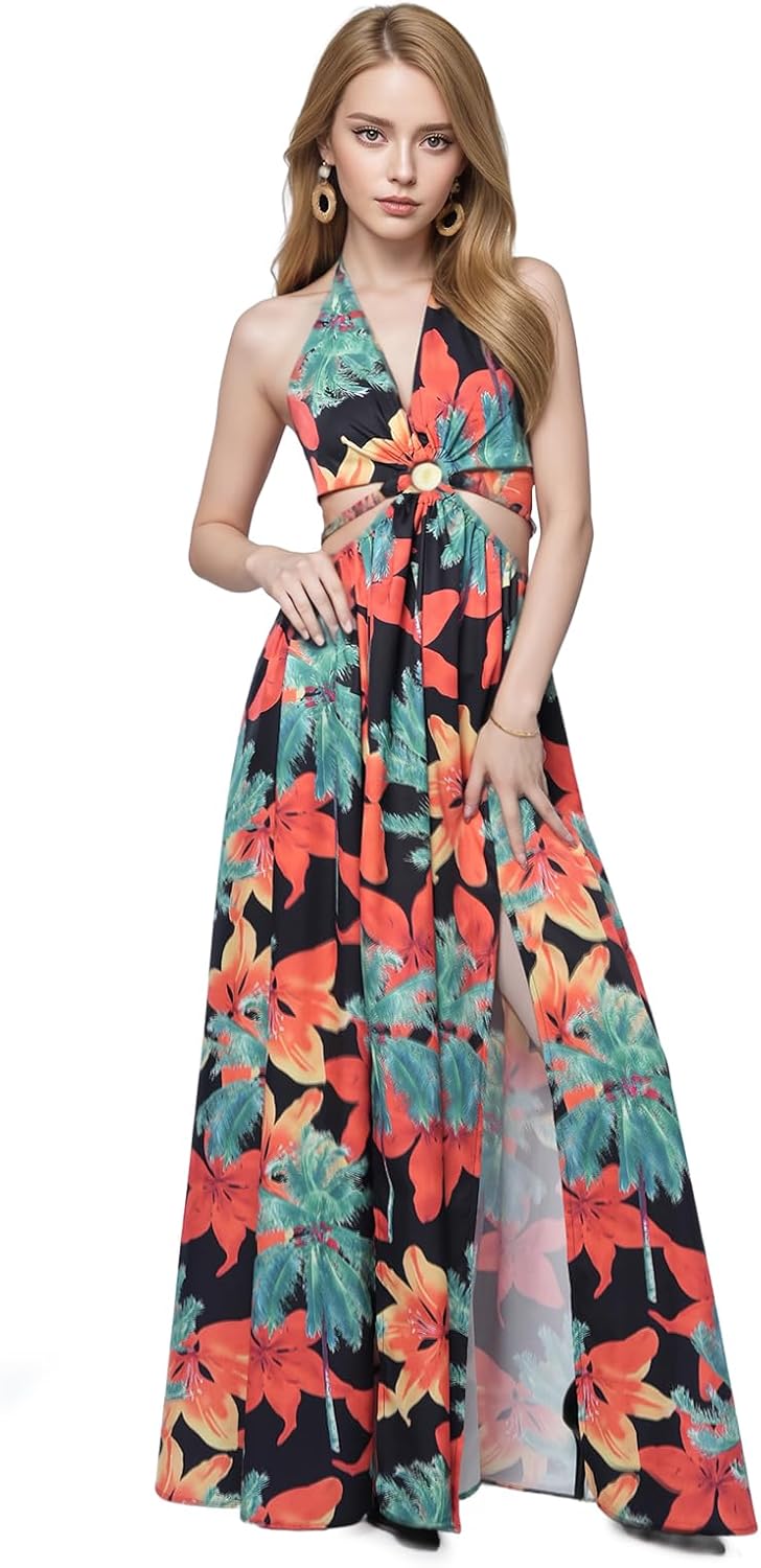Women's Sexy Backless Halter Sundress - V-Neck High Slit Floral Maxi Dress, Boho Beach Dress for Vacation Multicolored Medium