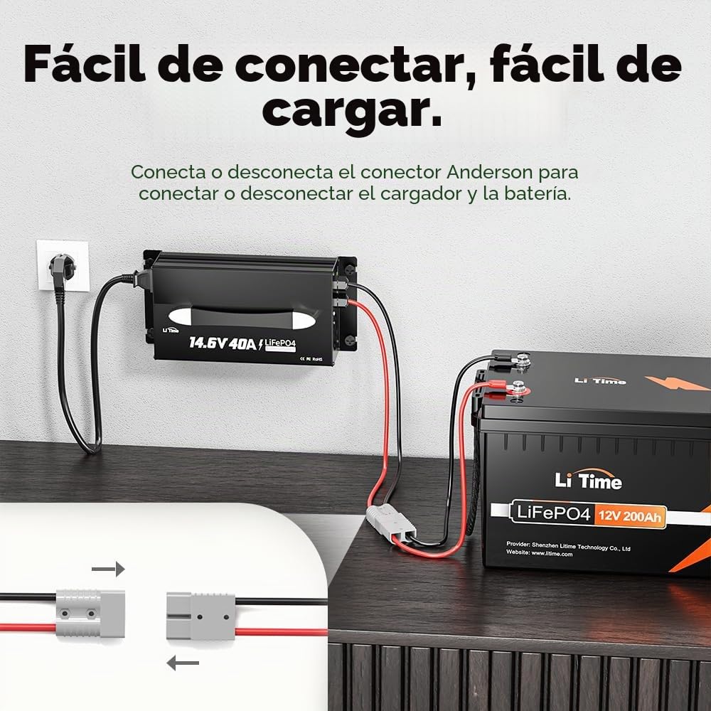 LiTime Cargador de Batería 40A LiFePO4 Litio 14.6V - Cargador Inteligente para Baterías LiFePO4 12V/12.8V – con Indicador LED, Interruptor de Encendido/Apagado y Conector Anderson (CA-CC)