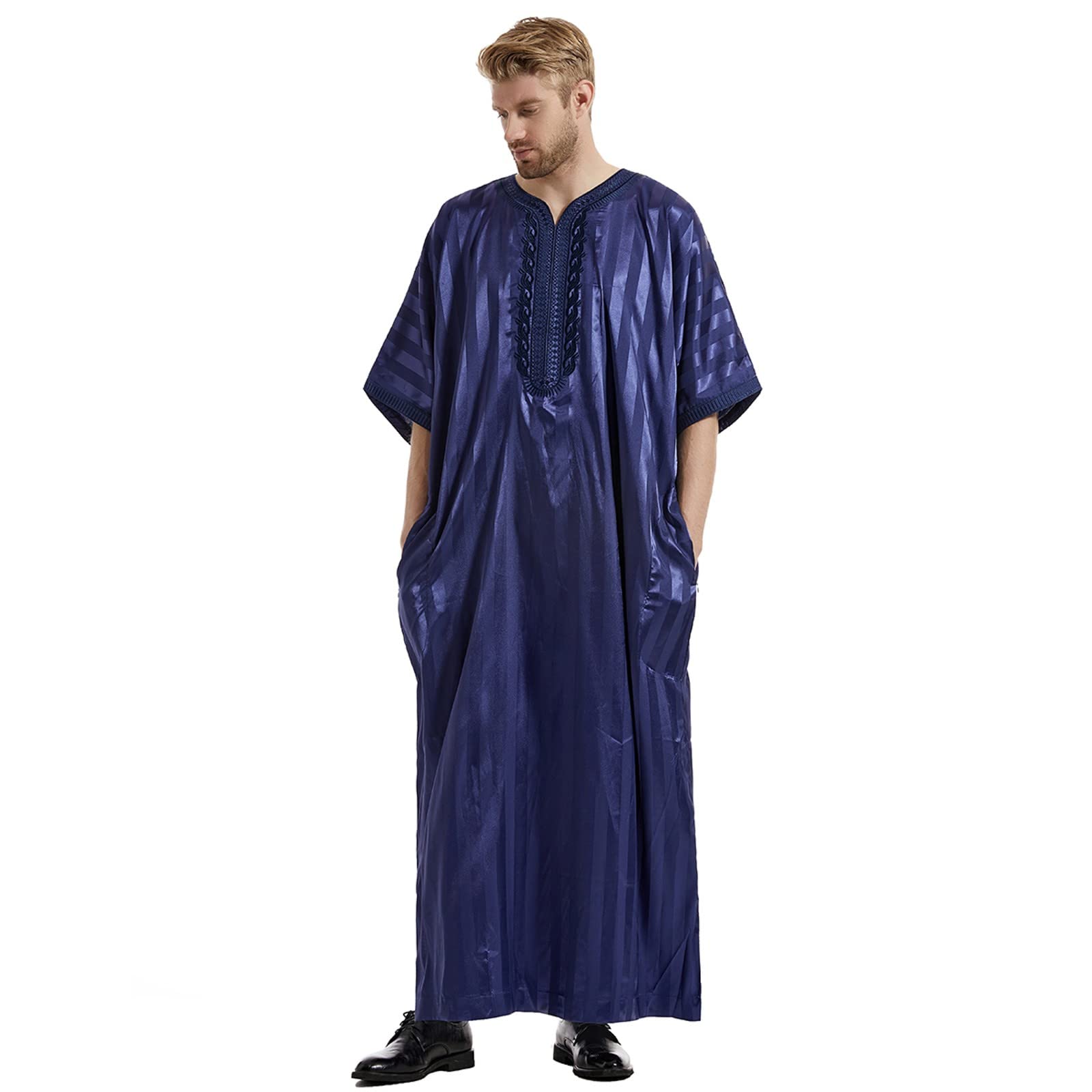 Hombres Musulmanes Ropa Jacquard Bordado Manga Corta Caftán Túnica de Pie Cuello Manga Larga Saudita Árabe Musulmán Dubai Robe Medio Oriente Saudita Túnicas de Arabia Saudita Vestidos turcos