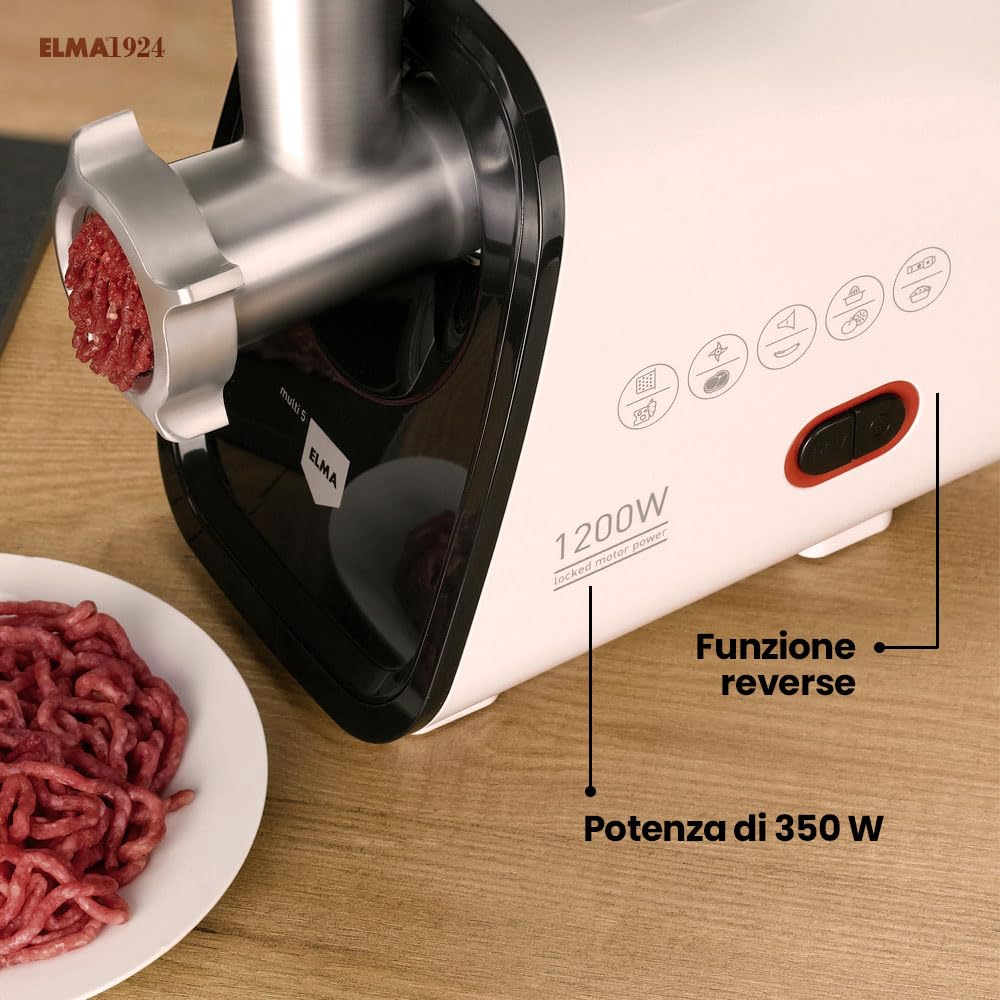 Elma Tritacarne Elettrico 350W, Tritacarne Multifunzione 5 in 1 | Testa in Fusione di Alluminio | Include 2 Dischi in Acciaio Inossidabile da 4 e 8 mm | Tutti gli Accessori Inclusi