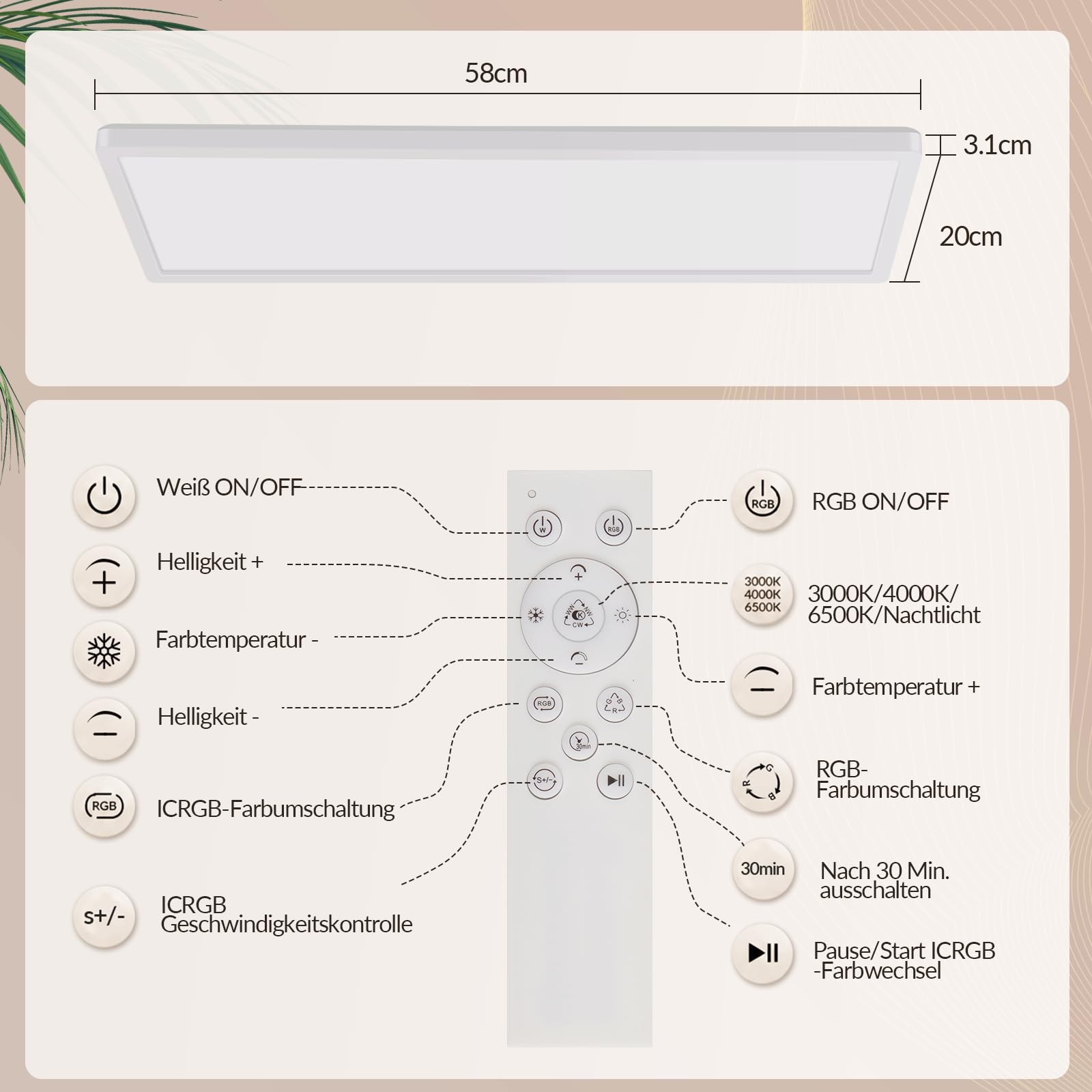 CBJKTX Lampa sufitowa LED z pilotem zdalnego sterowania 58 x 20 cm, panel
